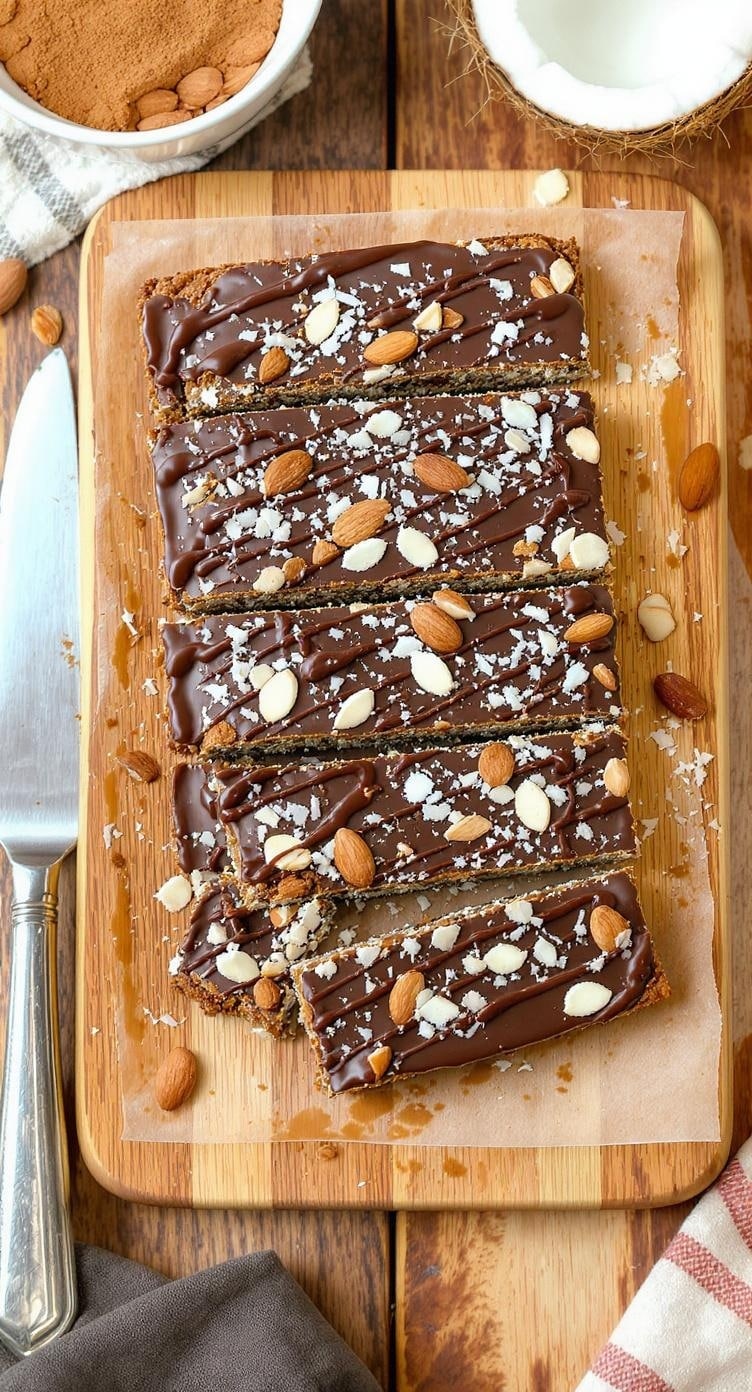 Homemade Almond Joy Protein Bars topped with chocolate and almonds on a wooden cutting board.
