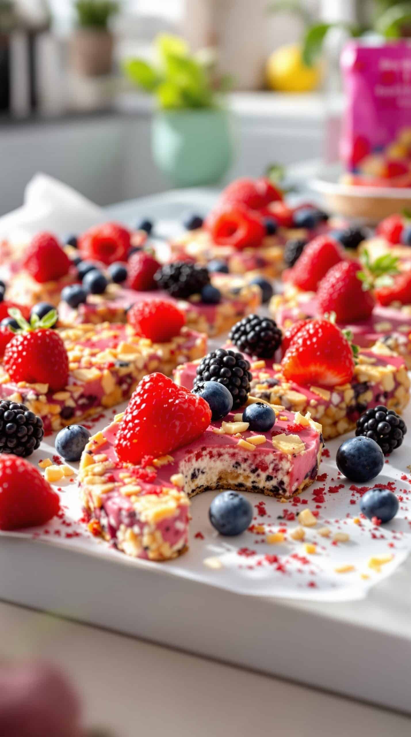 Colorful homemade protein bars topped with berries and nuts