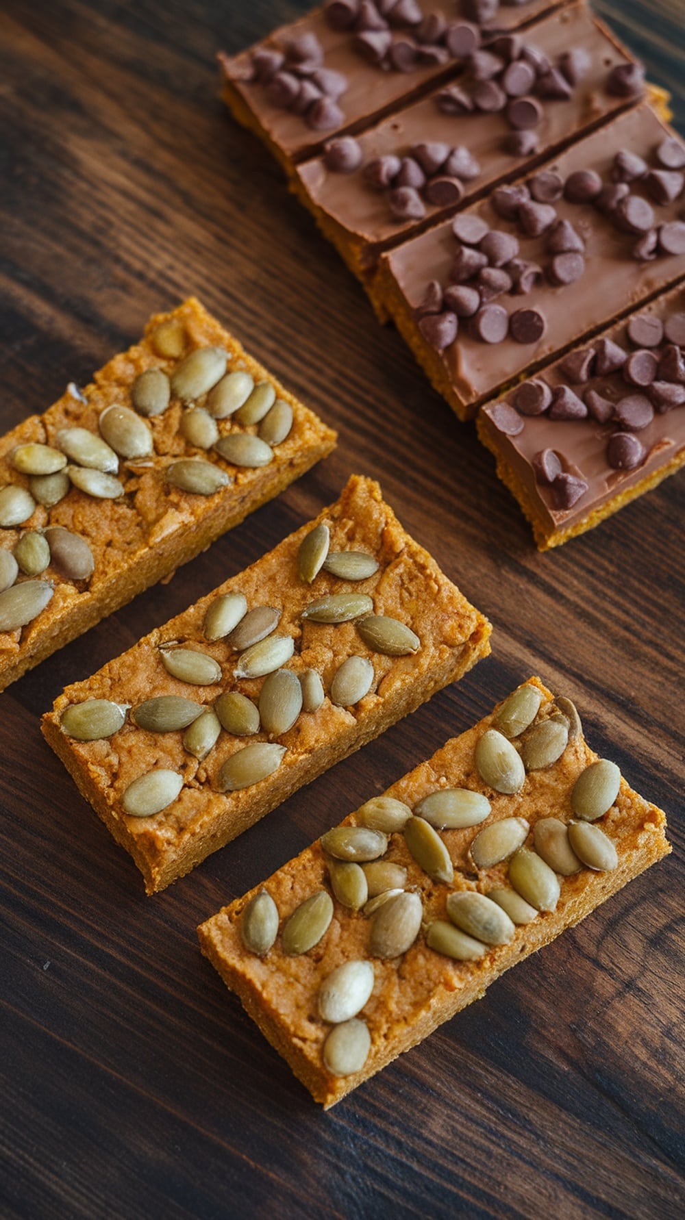 An assortment of pumpkin protein bars topped with pumpkin seeds and chocolate chips on a wooden surface.