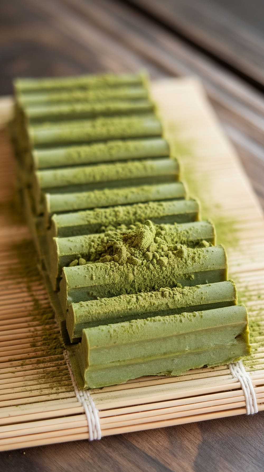 Matcha green tea protein bars arranged neatly on a bamboo mat, dusted with matcha powder.