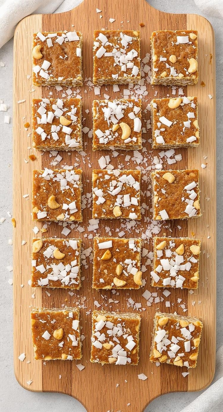 Coconut Cashew Protein Squares arranged on a wooden board, topped with shredded coconut and cashews.