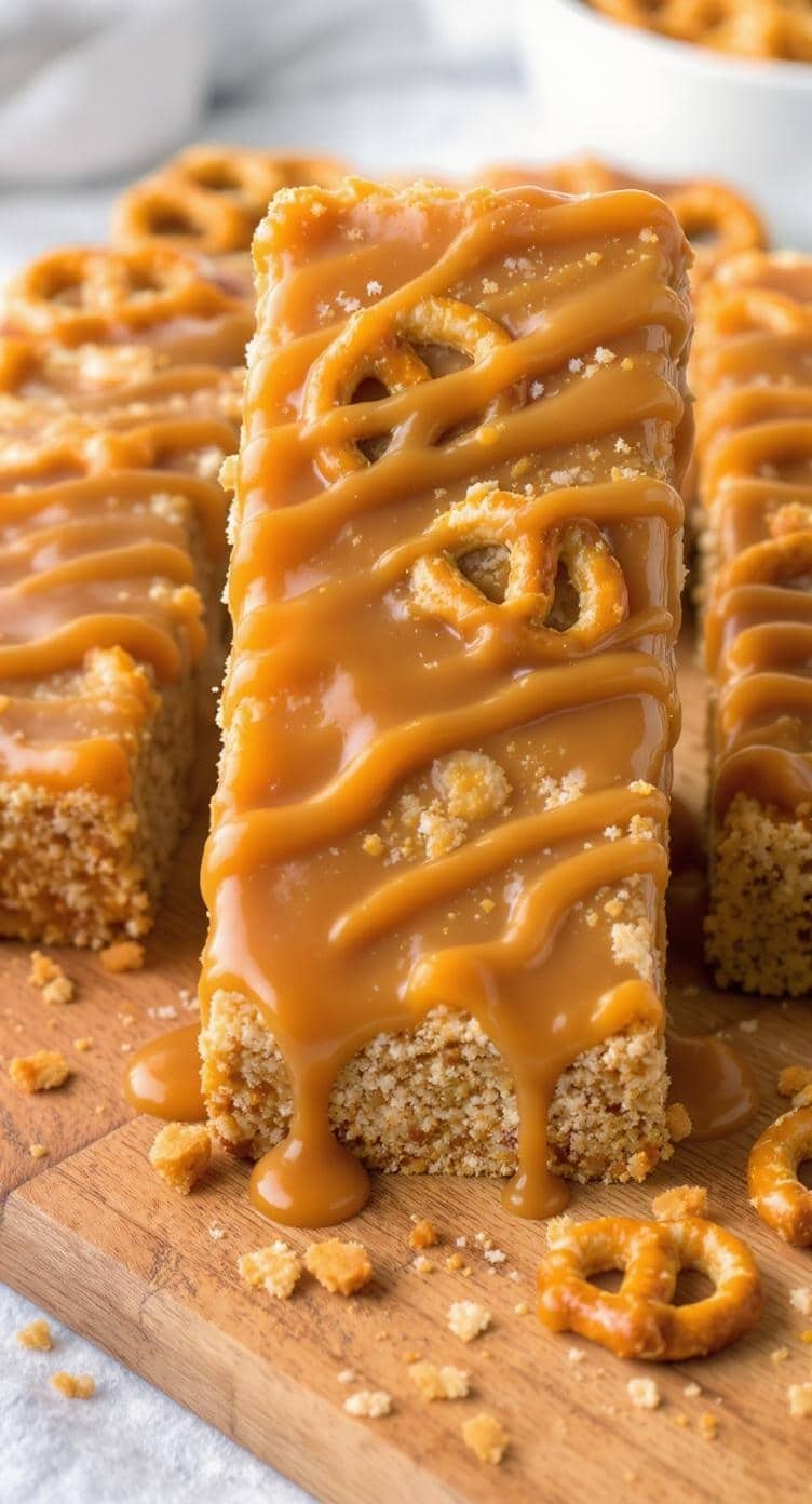 Delicious Salty Caramel Pretzel Bars topped with caramel drizzle and pretzel pieces.