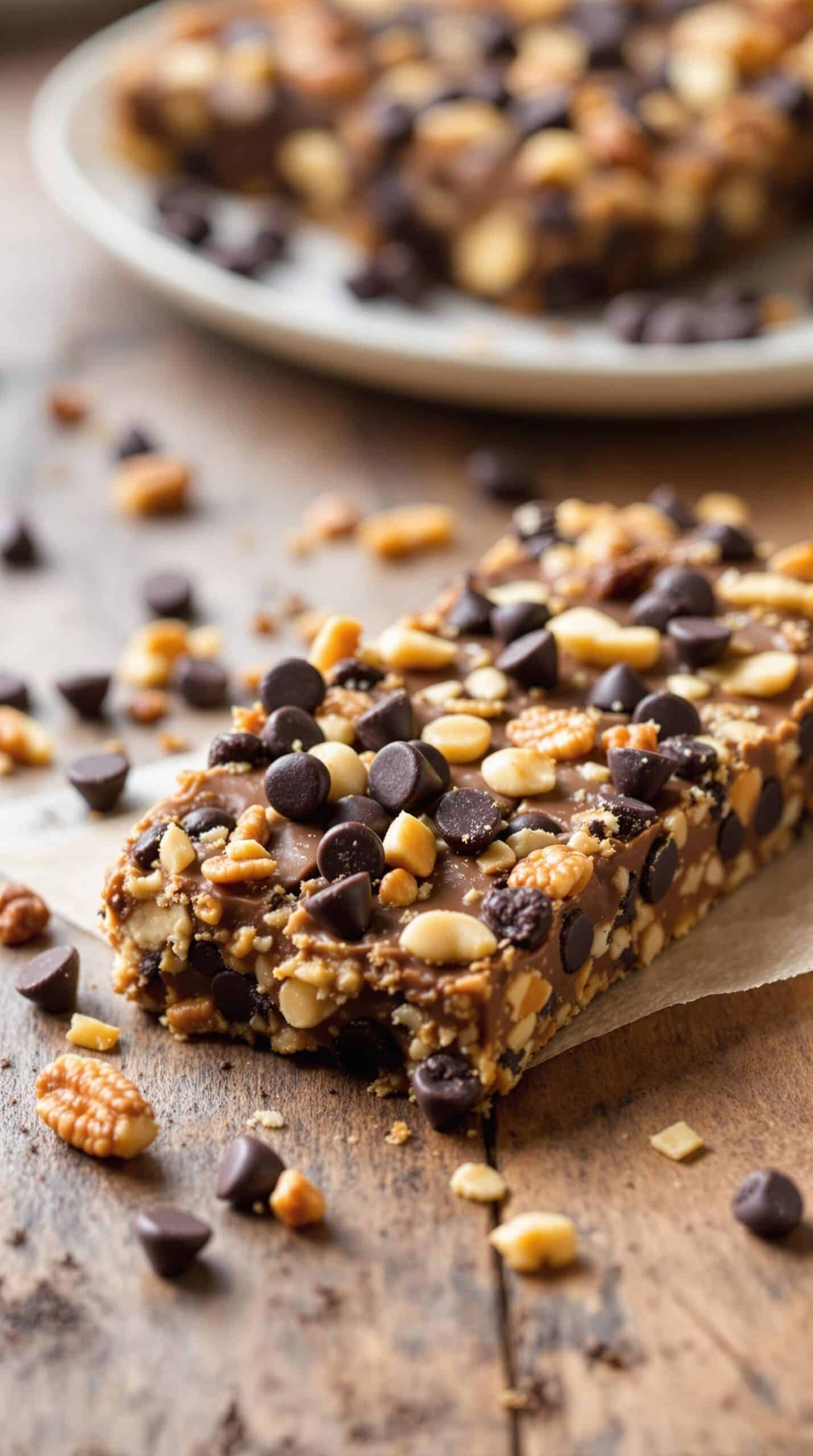 A close-up of a nutty chocolate chip protein bar with chocolate chips and nuts scattered around.