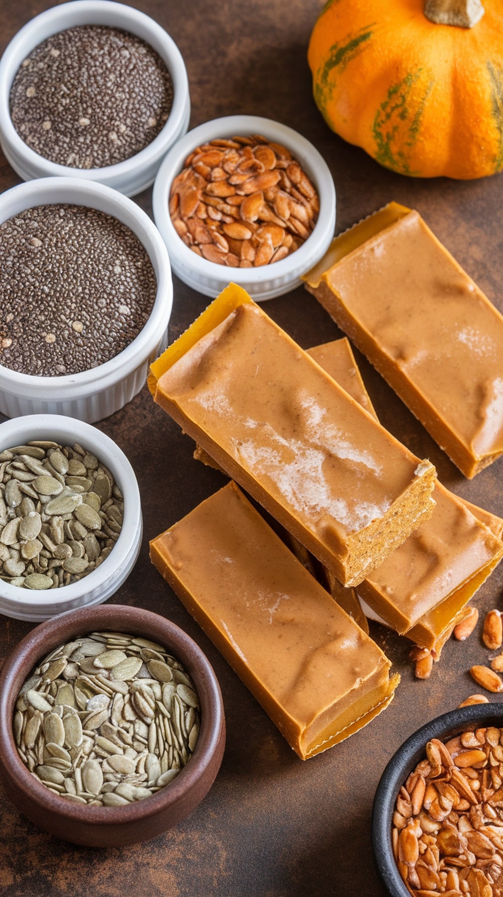 Pumpkin protein bars with chia seeds, pumpkin seeds, and sunflower seeds