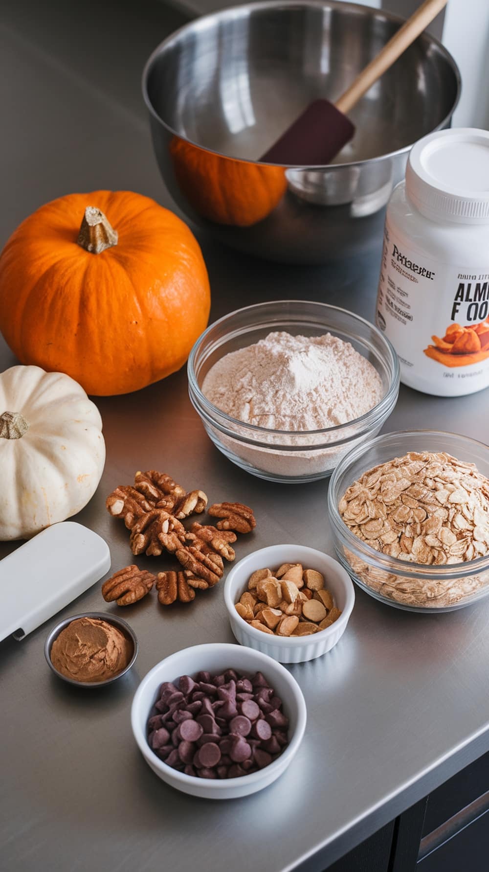 Ingredients for no-bake pumpkin protein bars including pumpkins, oats, nuts, and chocolate chips.