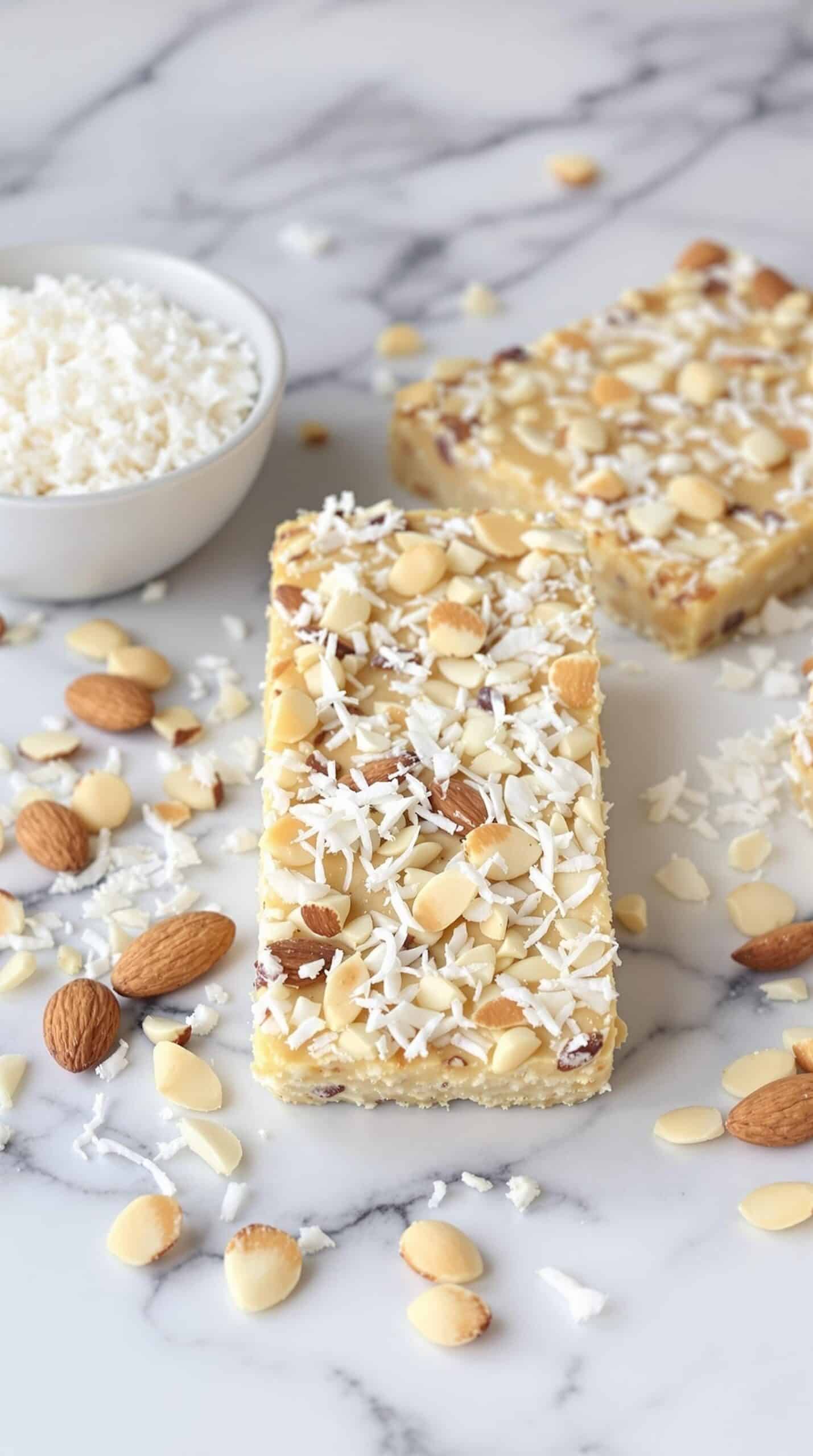 Coconut Almond Crunch Bars with shredded coconut and almonds on a marble surface