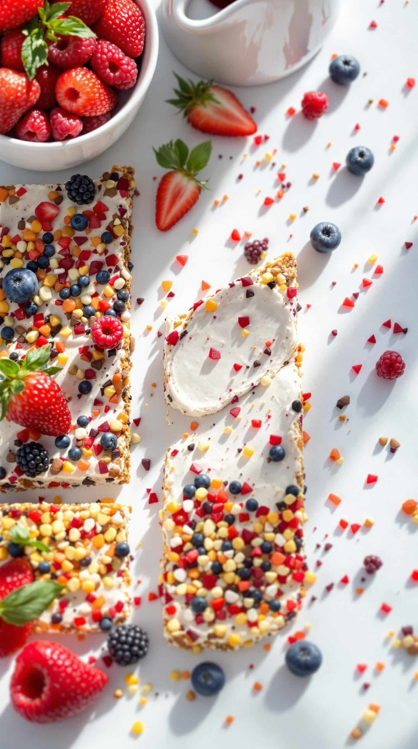 Colorful Berry Blast Protein Bars with fresh berries and toppings