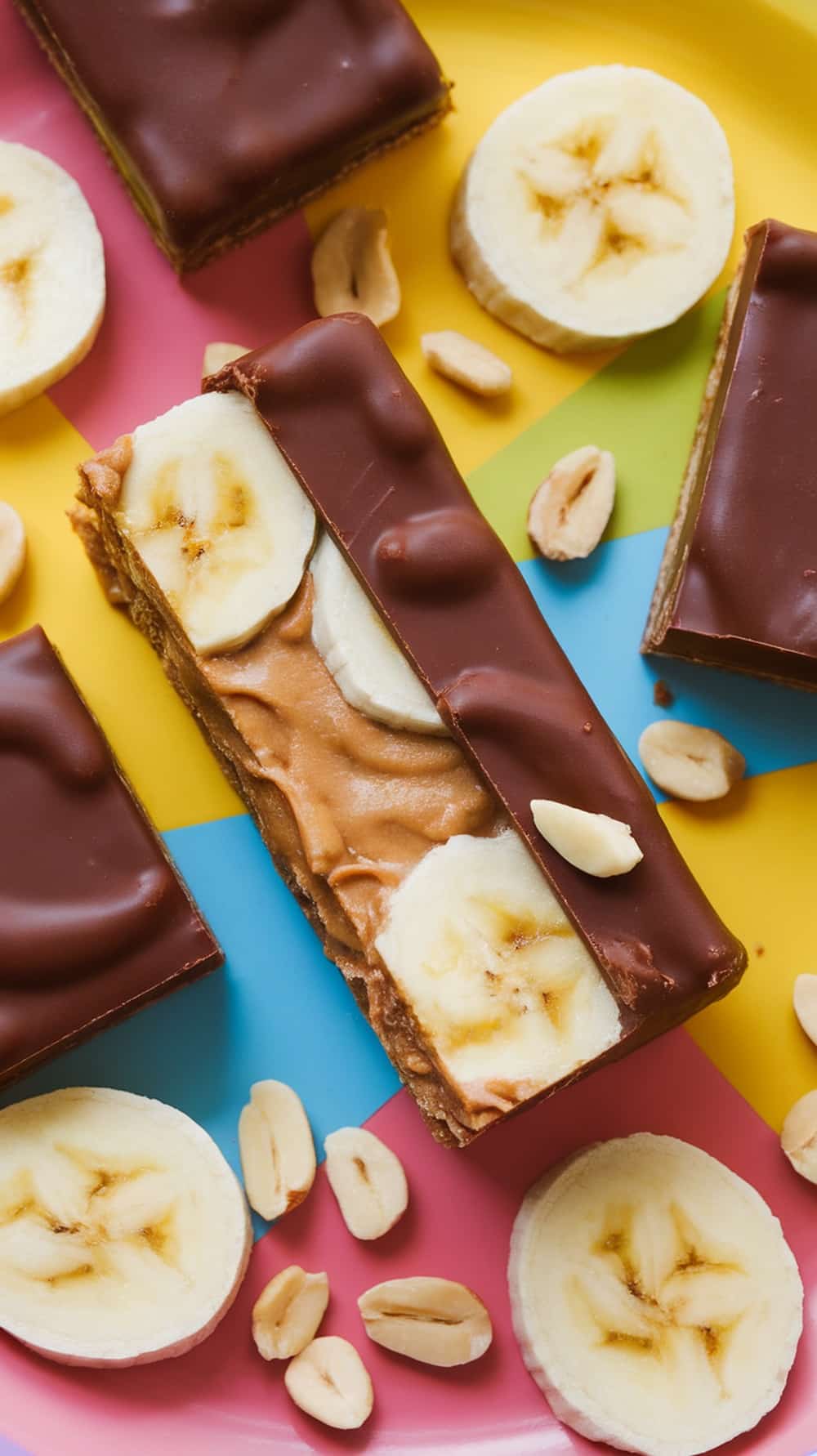 Peanut Butter Banana Crunch bars with banana slices and peanuts on a colorful plate