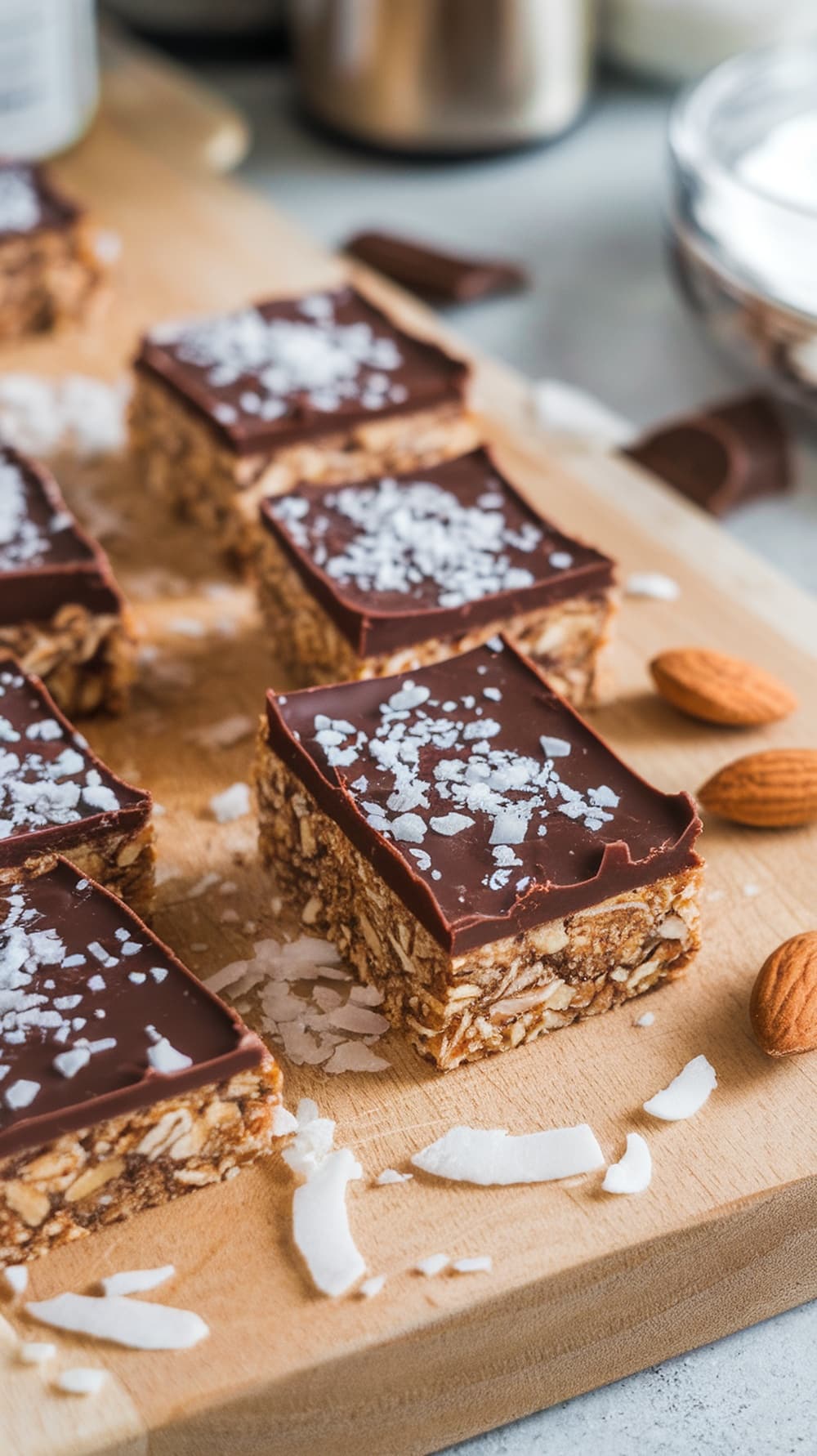 Homemade almond coconut keto bars with chocolate topping and sea salt