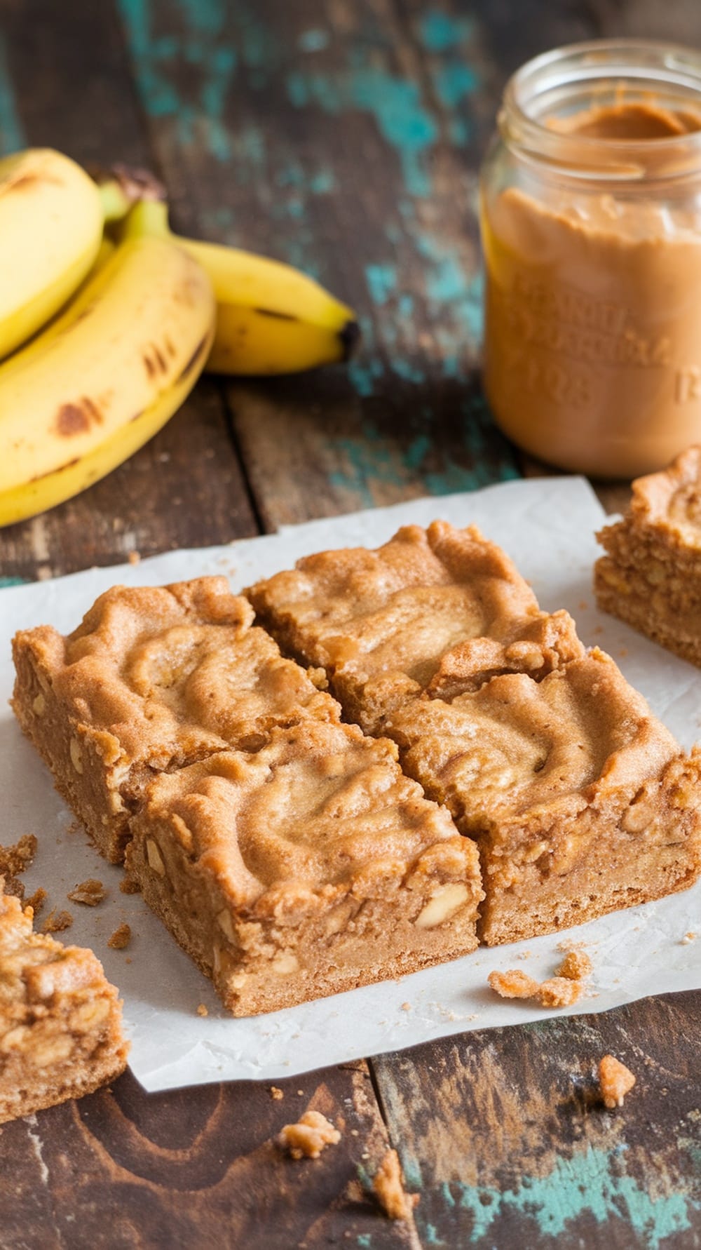 Peanut Butter Banana Oatmeal Bars with bananas and peanut butter on a wooden table