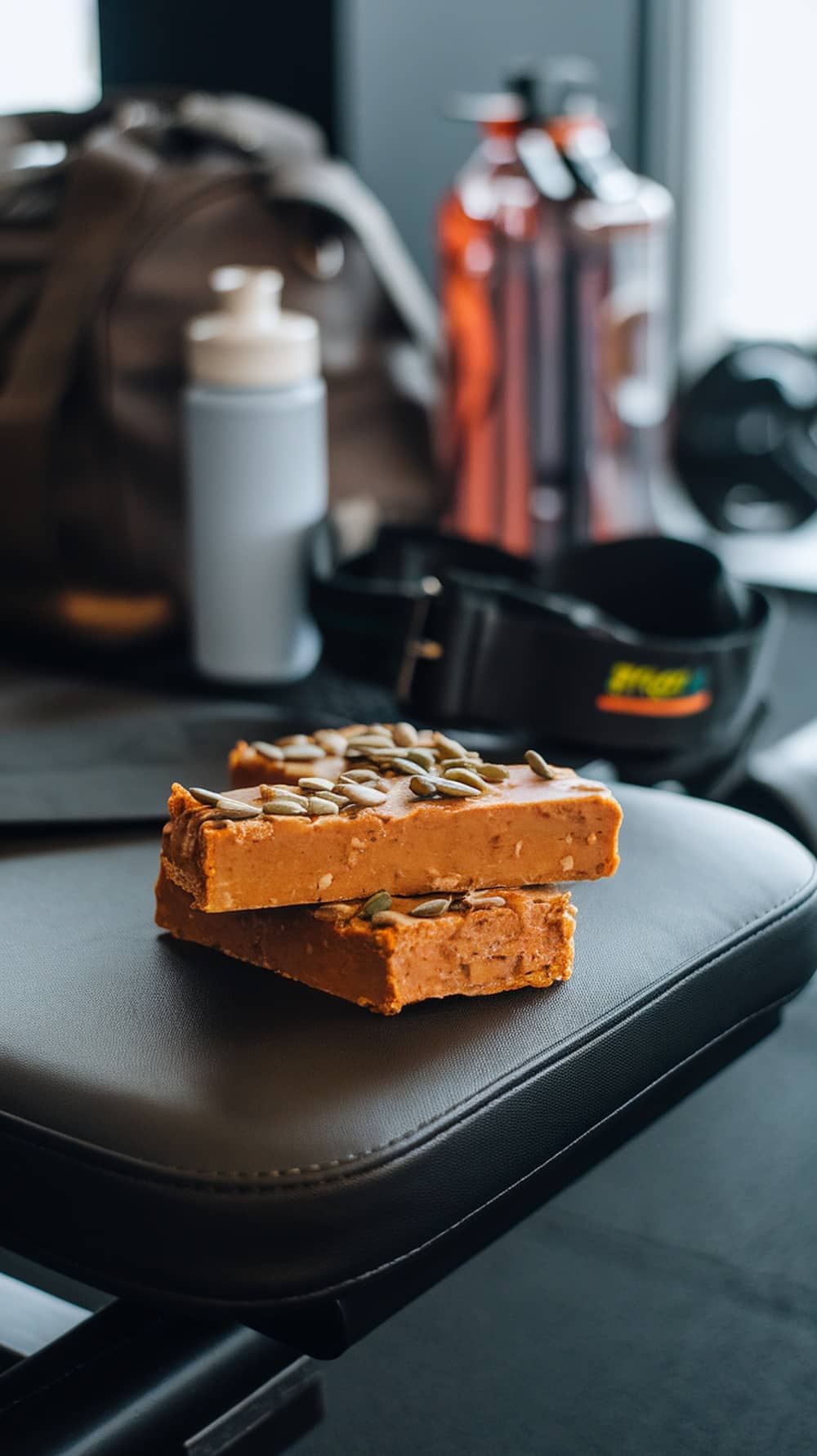 Nutrient-packed pumpkin spice protein bars with layers of chocolate and pumpkin, topped with pumpkin seeds.