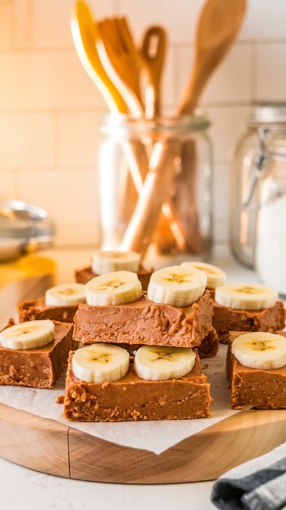 Peanut Butter Banana Protein Bars topped with banana slices on a wooden board