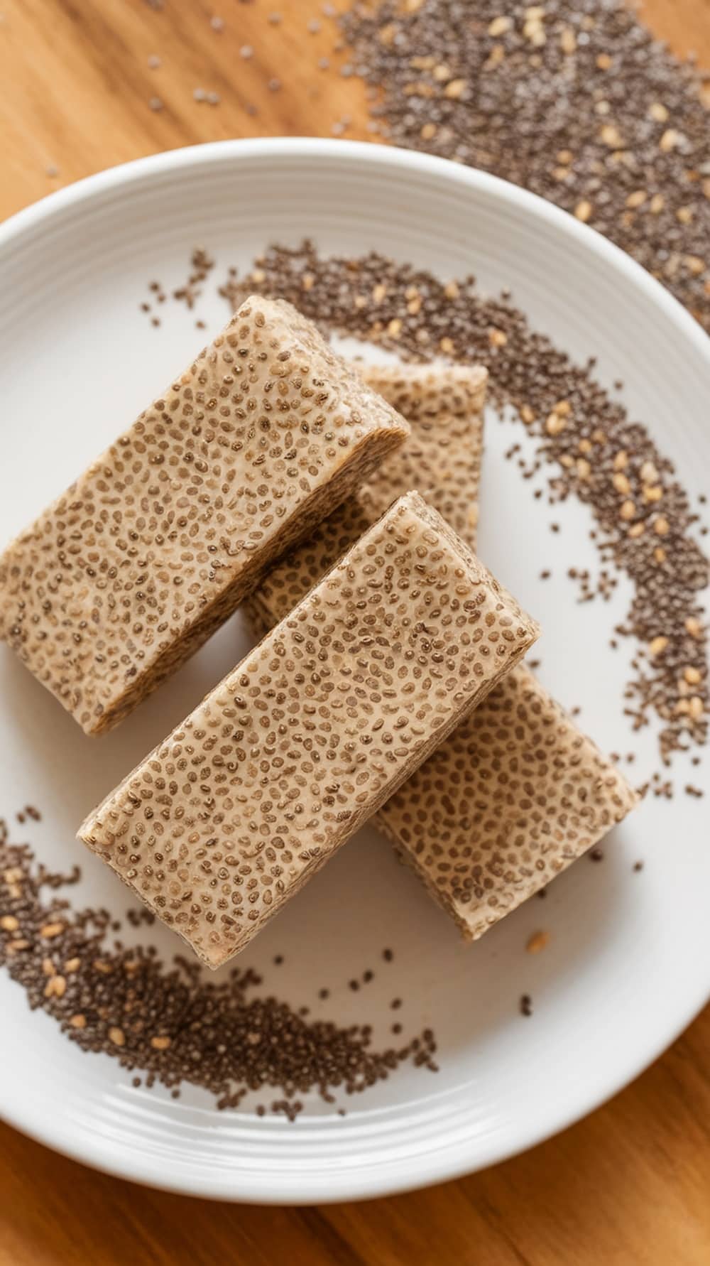 Vanilla Chia Seed Protein Bars on a plate with chia seeds scattered around