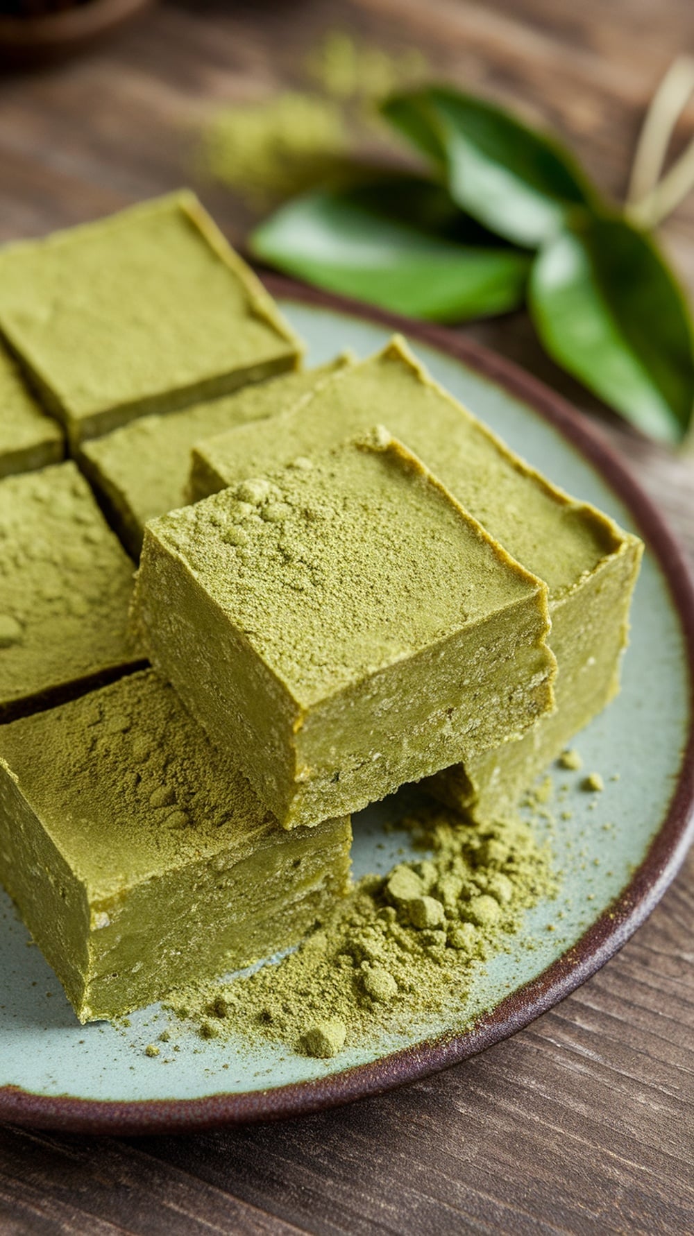 Homemade matcha green tea protein bars arranged on a plate.