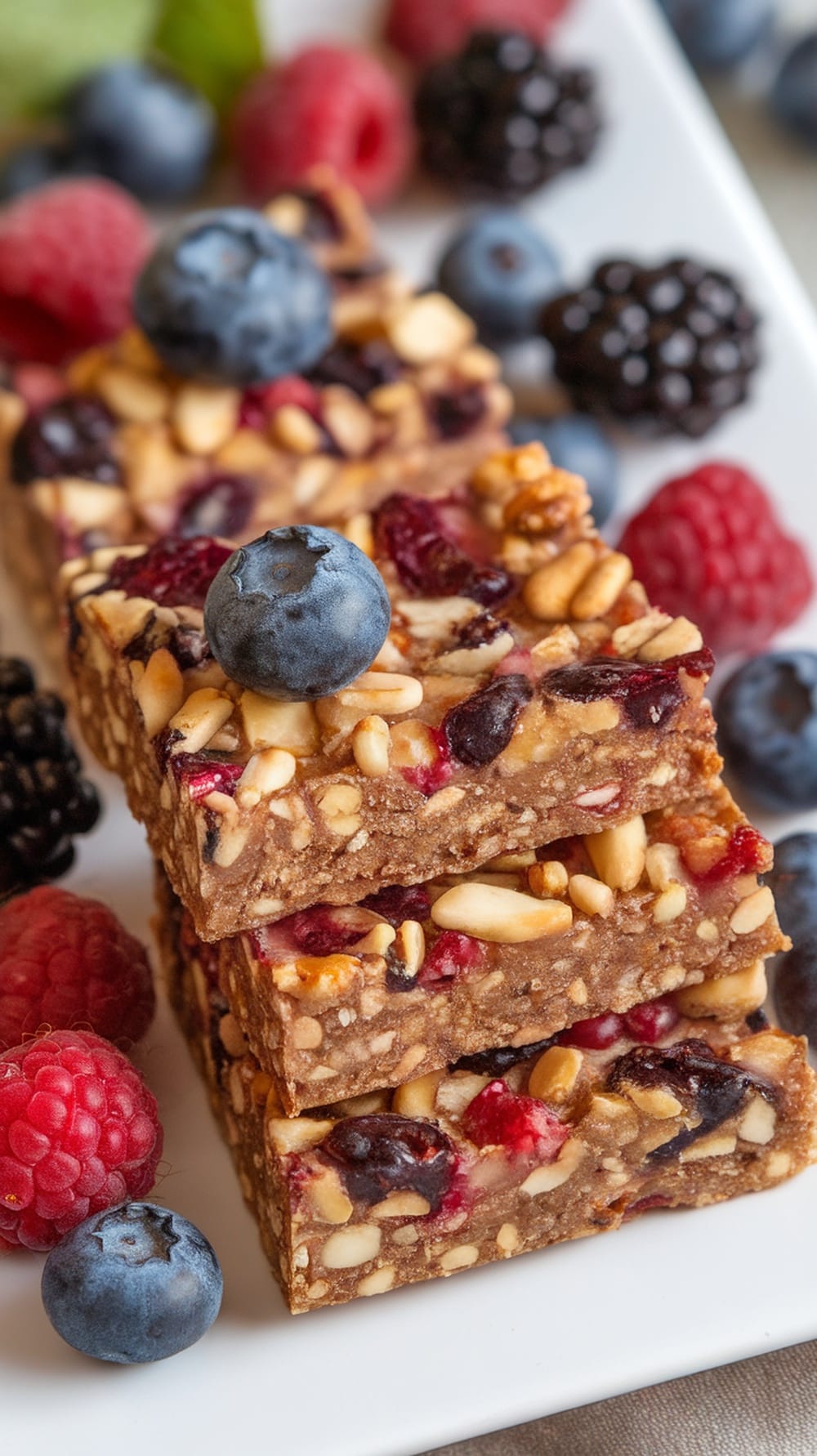 Homemade berry almond protein snack bars stacked on a plate with fresh berries around them.