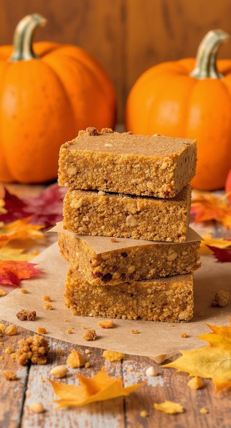 Pumpkin spice protein bars stacked with pumpkins and autumn leaves in the background