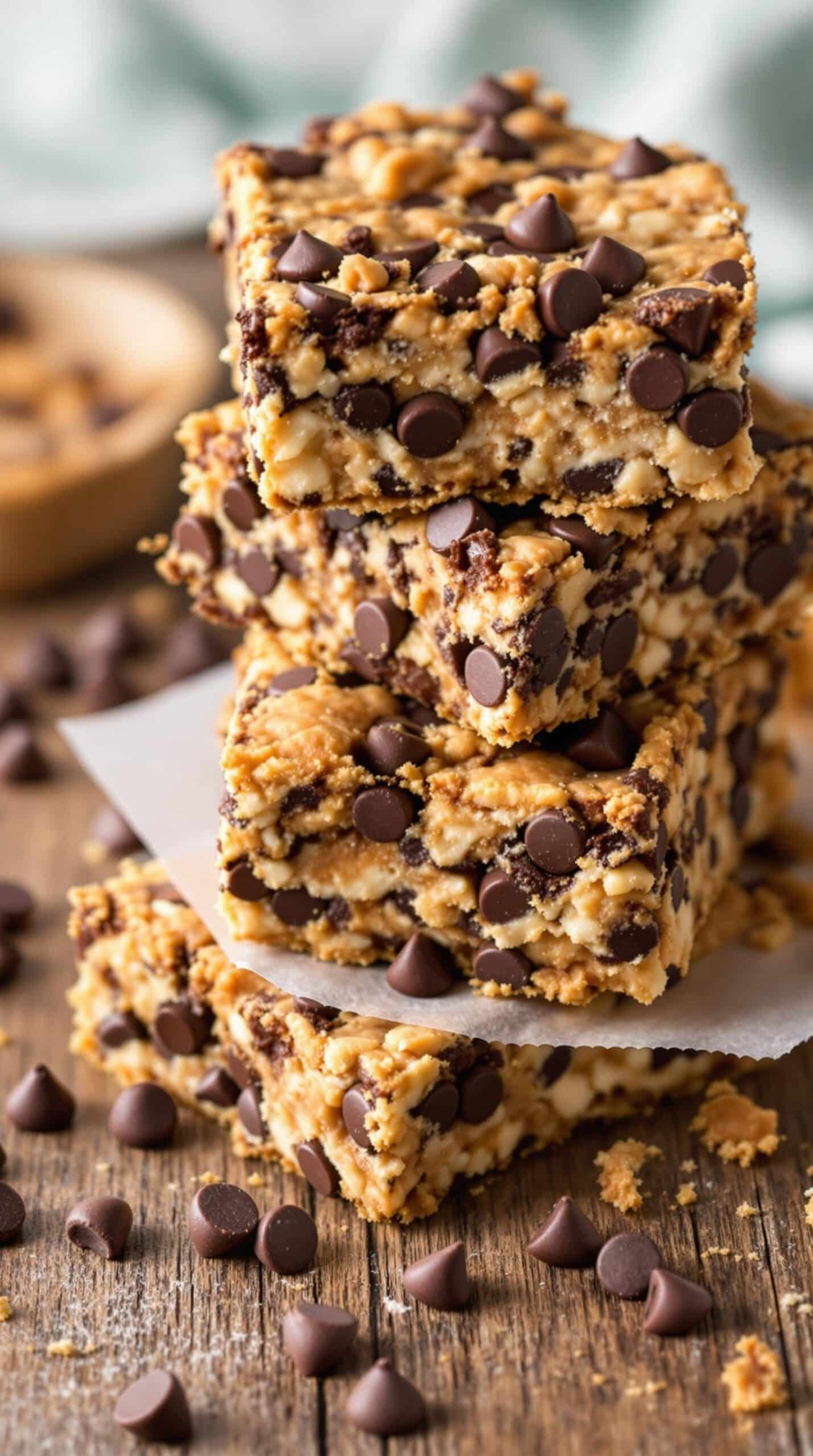 Nutty chocolate chip energy bars stacked on a wooden surface with chocolate chips scattered around.