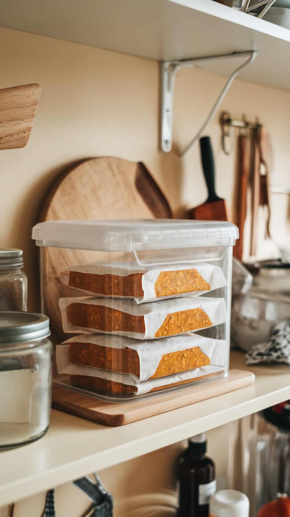 Pumpkin protein bars stored in a clear container on a kitchen shelf.