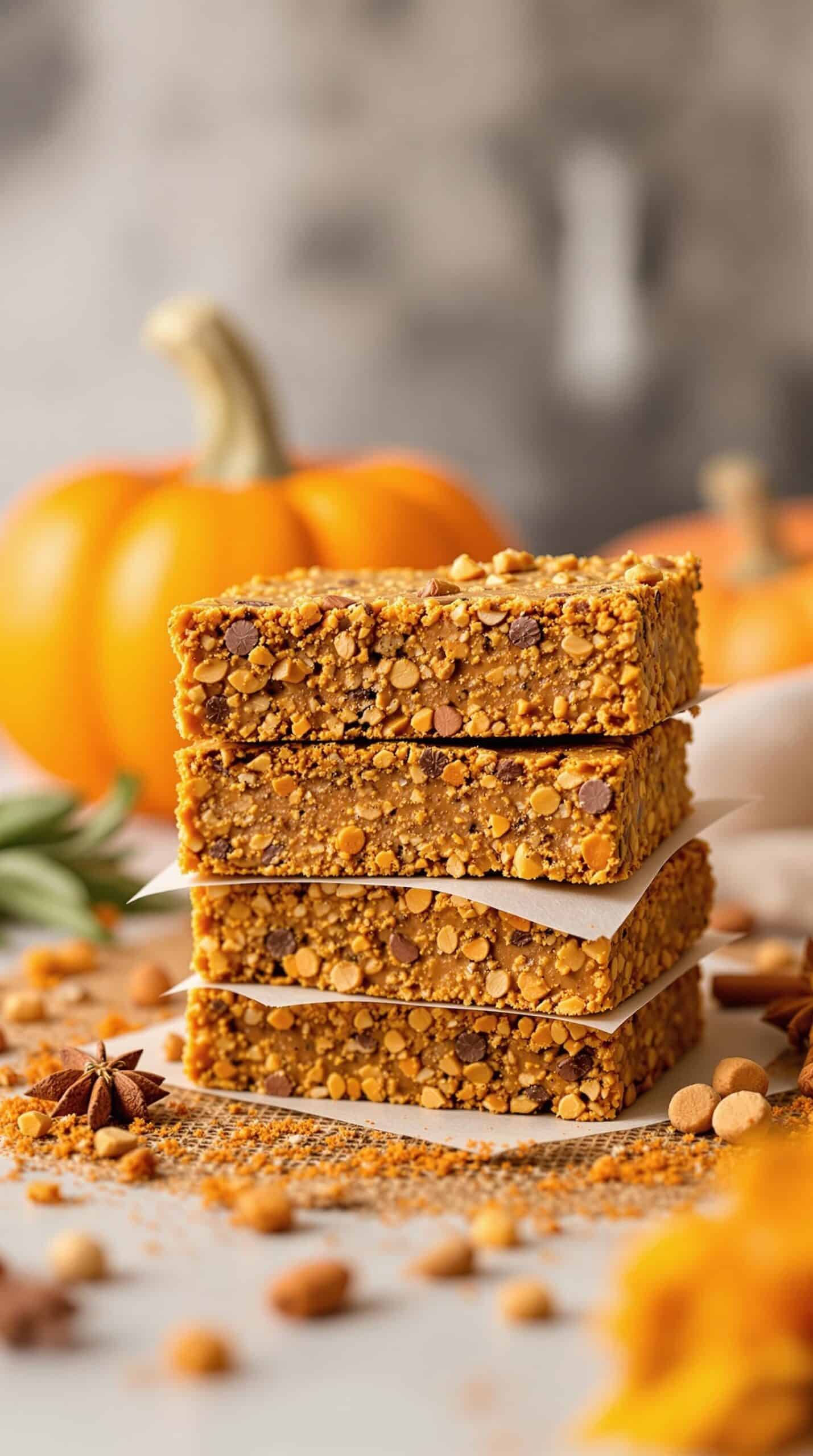 Homemade pumpkin spice protein bars stacked with a pumpkin in the background.
