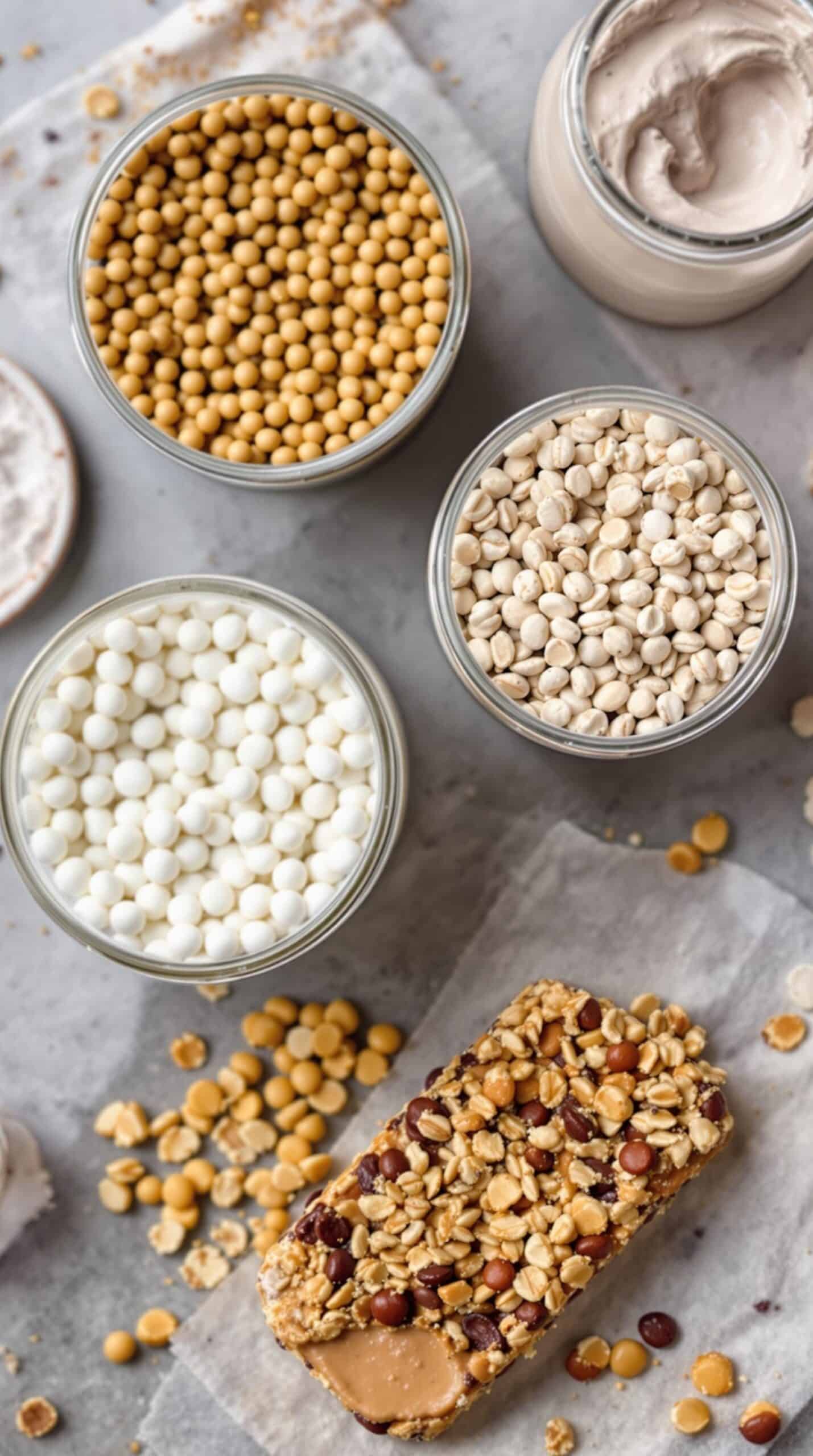 Various protein sources for granola bars including oats, protein powder, and nut butter.