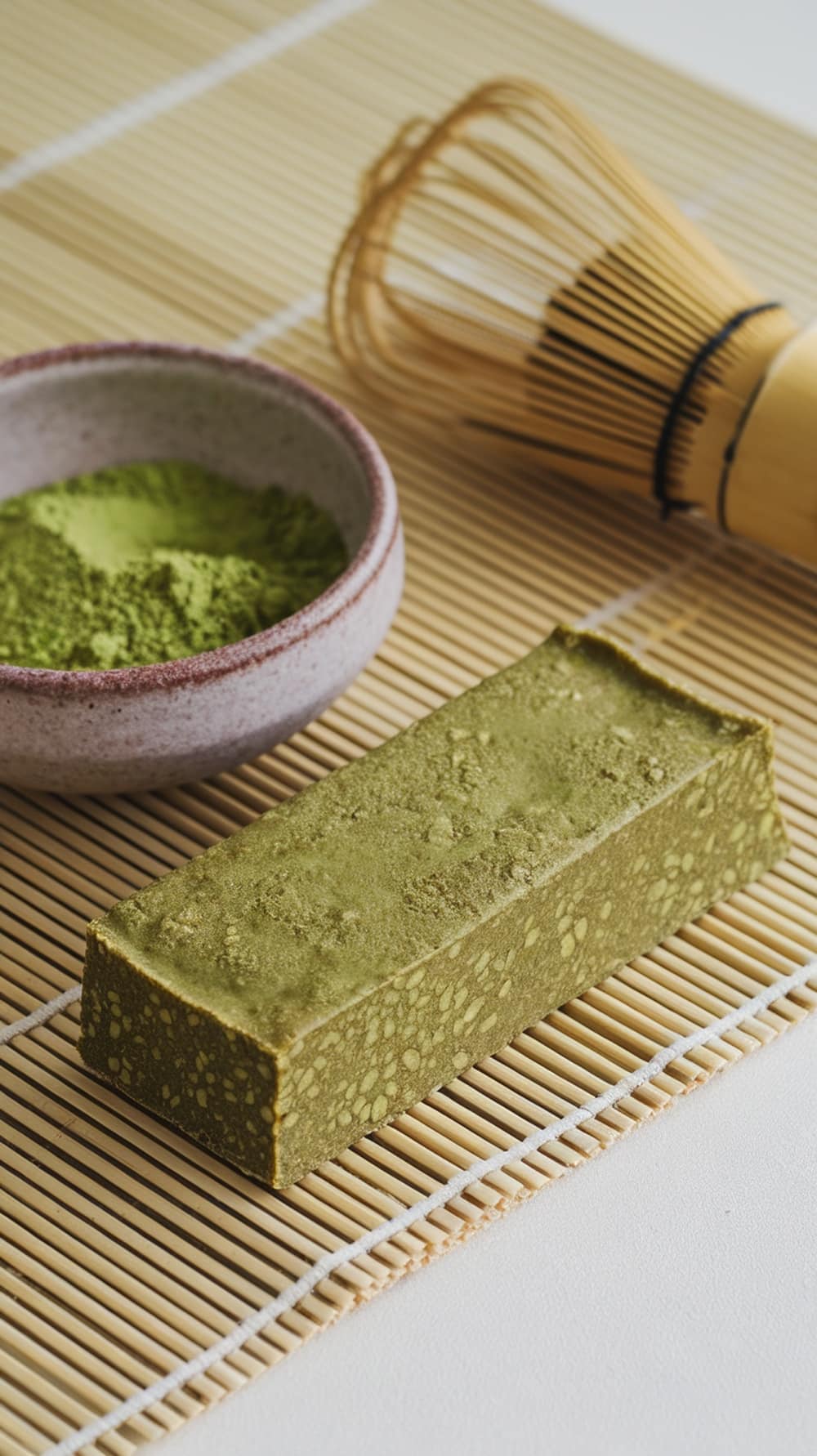 Matcha green tea protein bar with matcha powder and a whisk on a bamboo mat