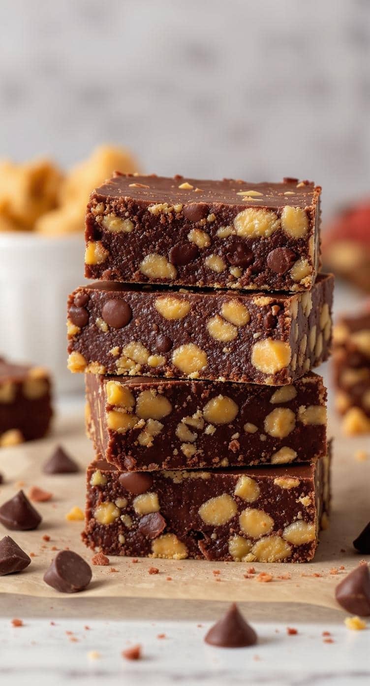 Stack of chewy chocolate peanut butter protein bars with chocolate chips scattered around.