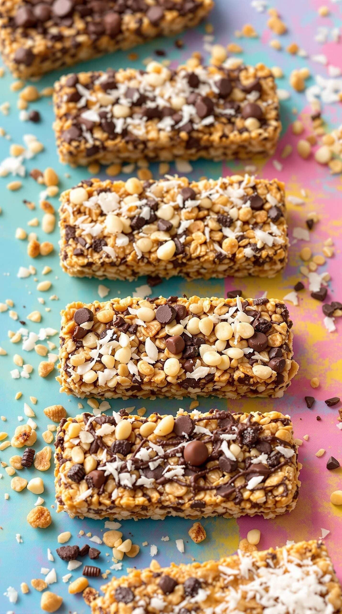 Colorful protein granola bars topped with chocolate chips, nuts, and coconut flakes.