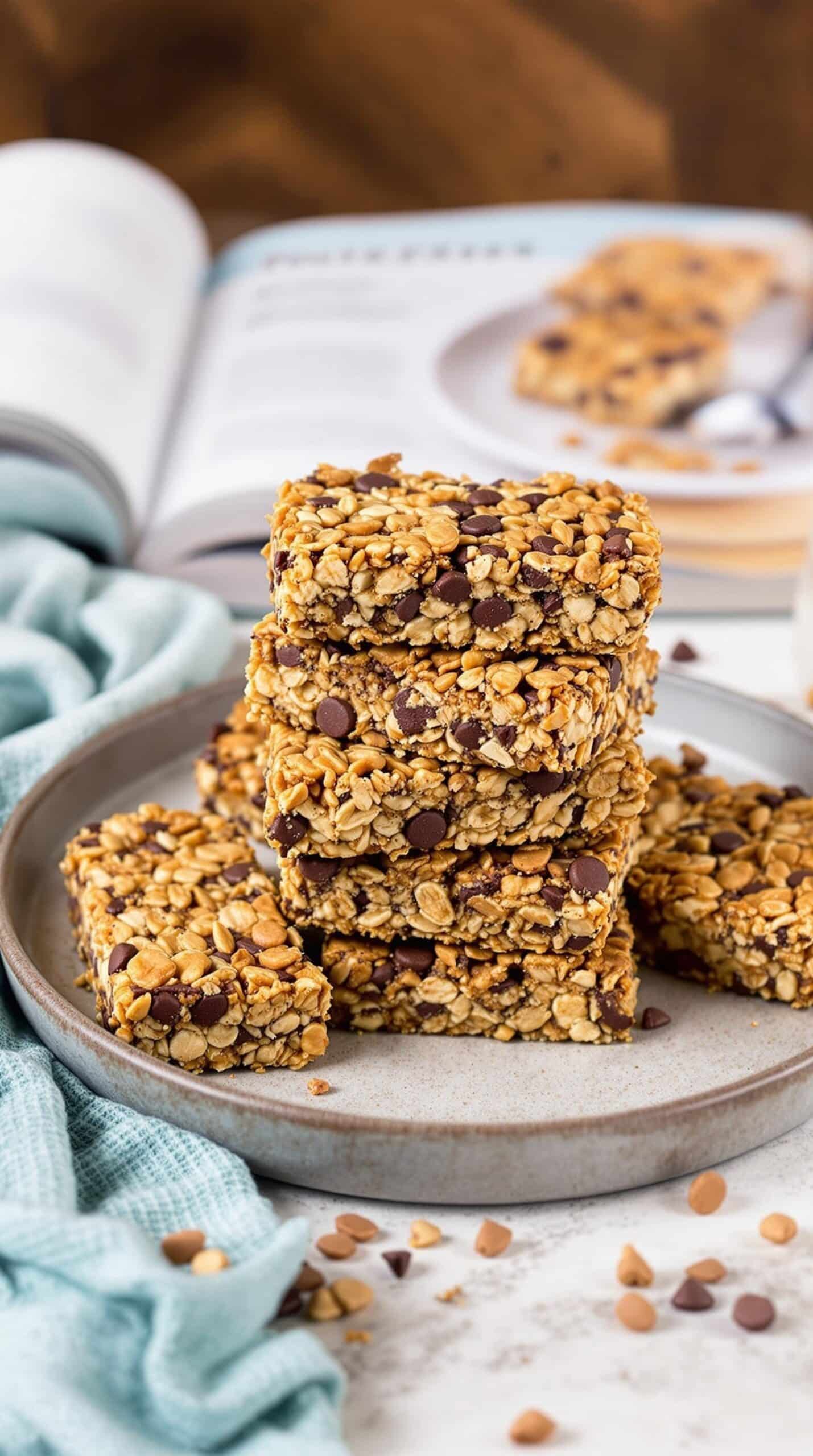 A stack of homemade protein granola bars with chocolate chips on a plate.