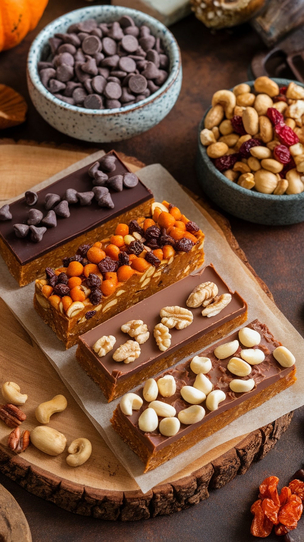 An assortment of pumpkin protein bars topped with chocolate chips, nuts, and dried fruits.