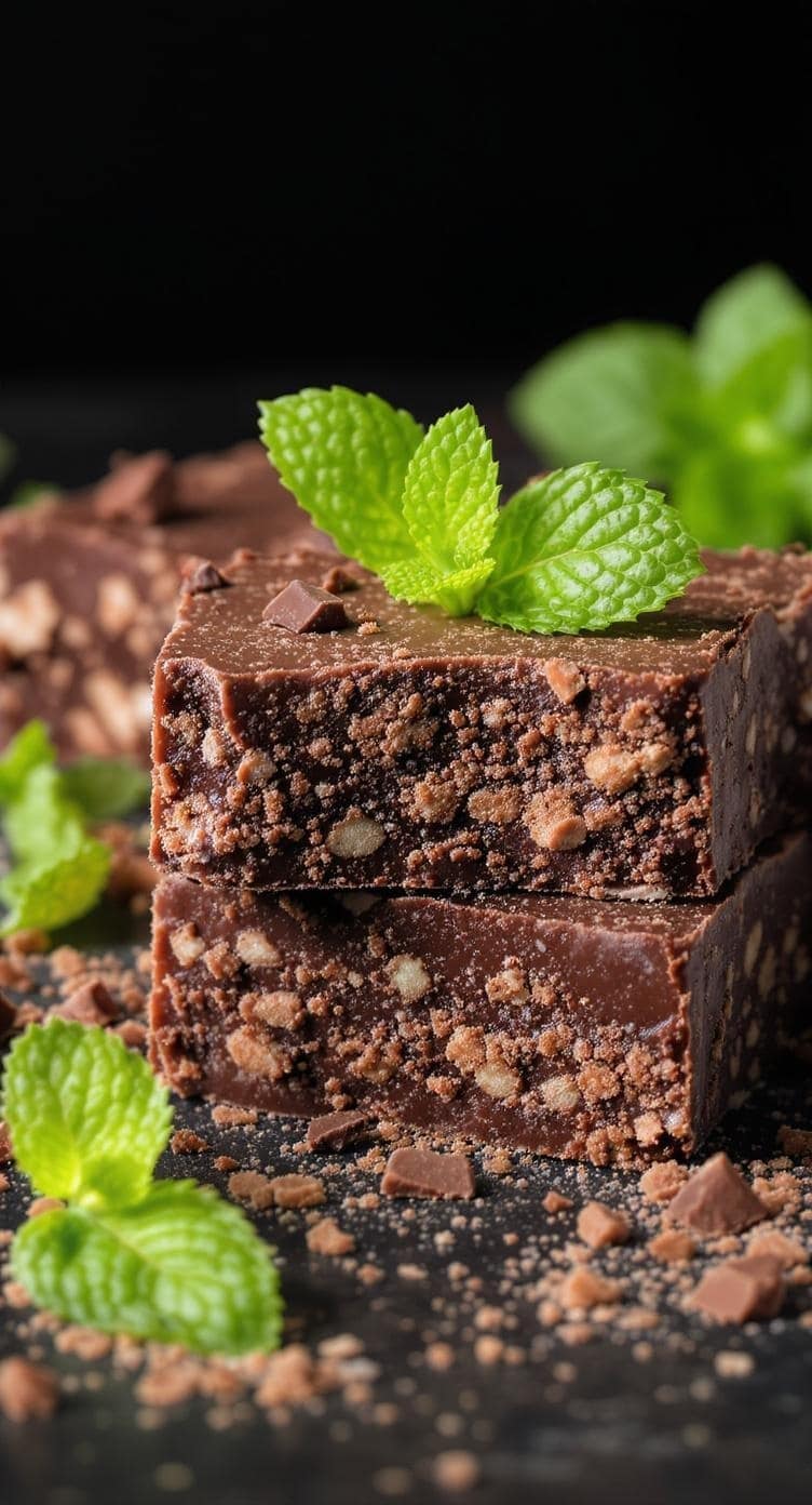 Chocolate mint protein energy bars stacked with fresh mint leaves