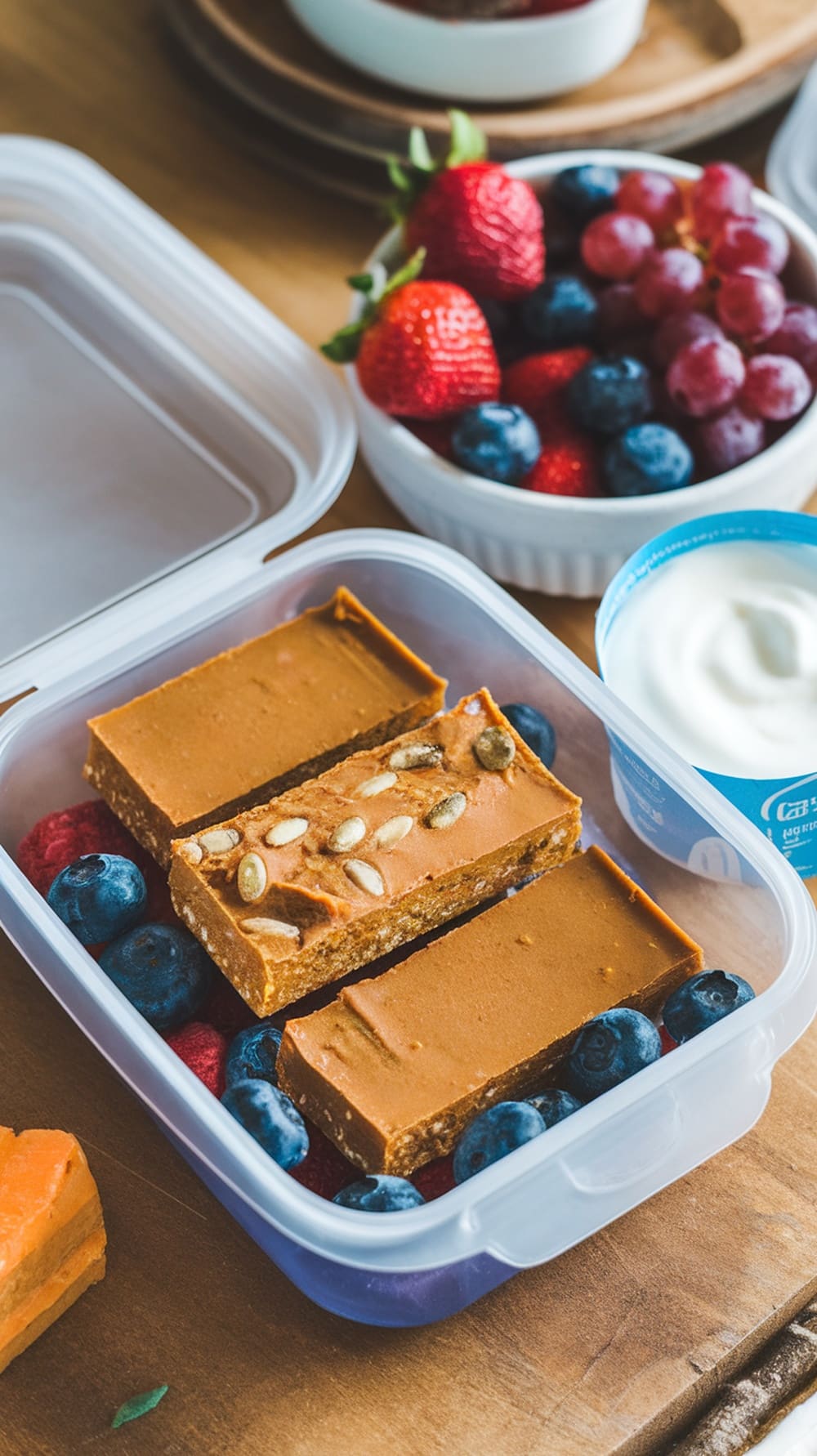 Pumpkin protein bars in a container with fresh fruits
