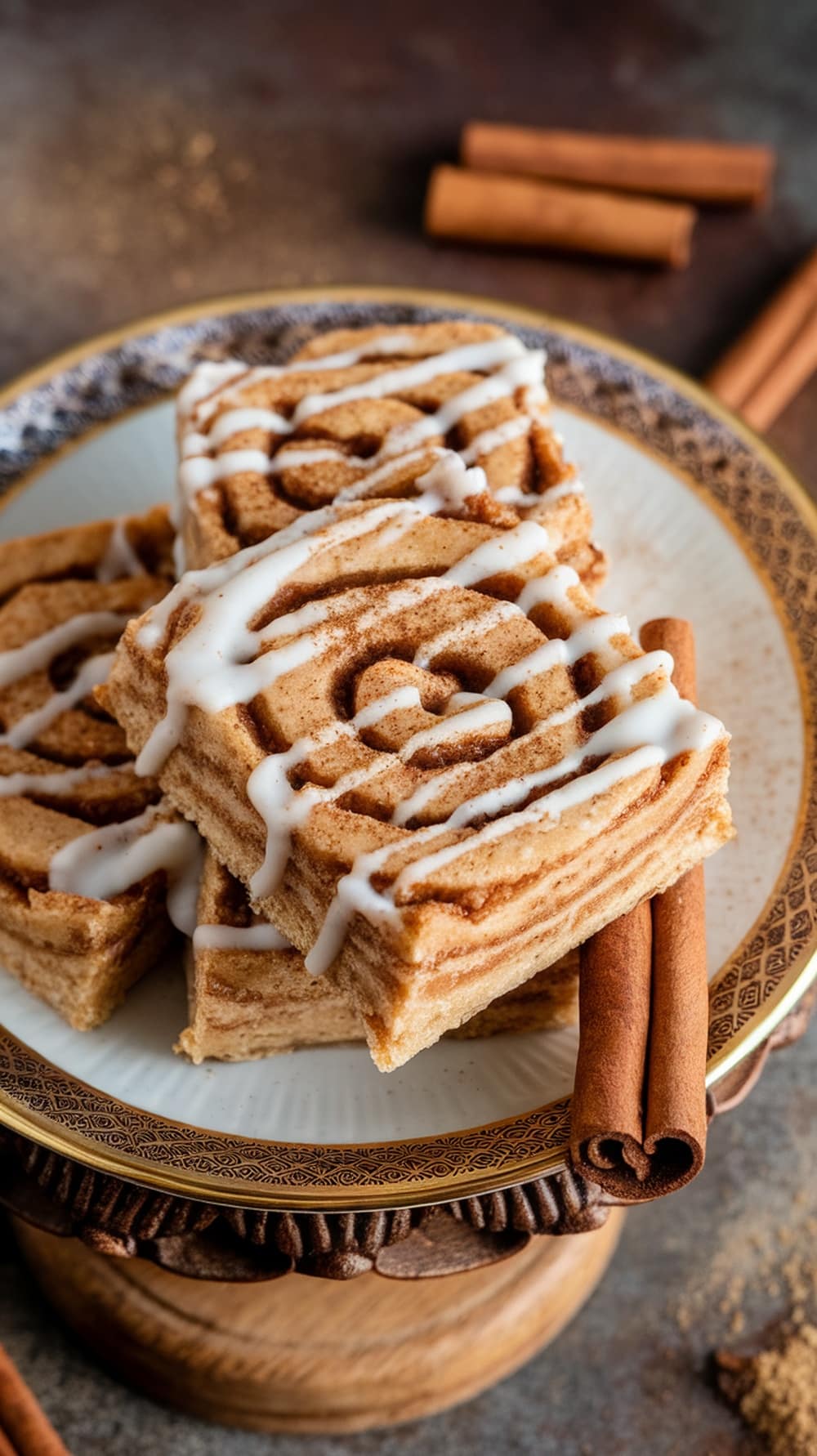 Cinnamon Roll Protein Bars with icing and cinnamon sticks