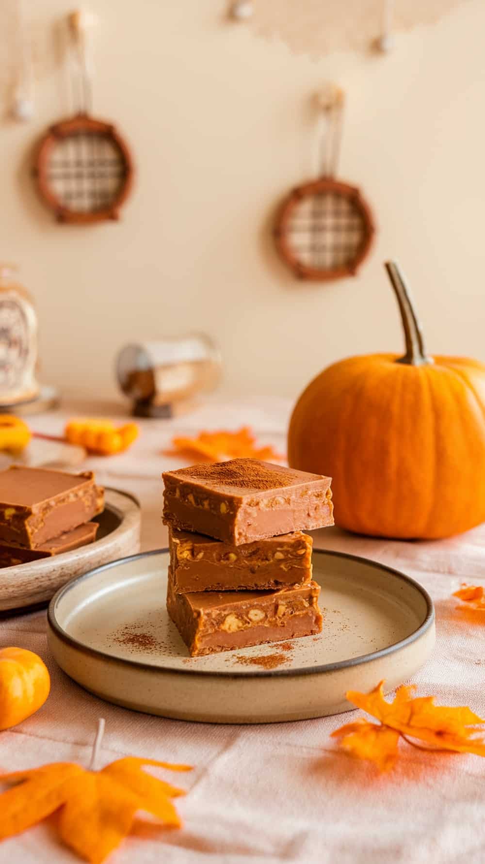 A stack of pumpkin spice protein bars on a plate, surrounded by autumn decorations.