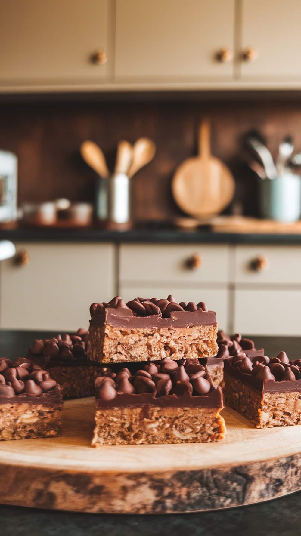 Peanut Butter Chocolate Chip Bars stacked on a wooden board in a cozy kitchen setting.