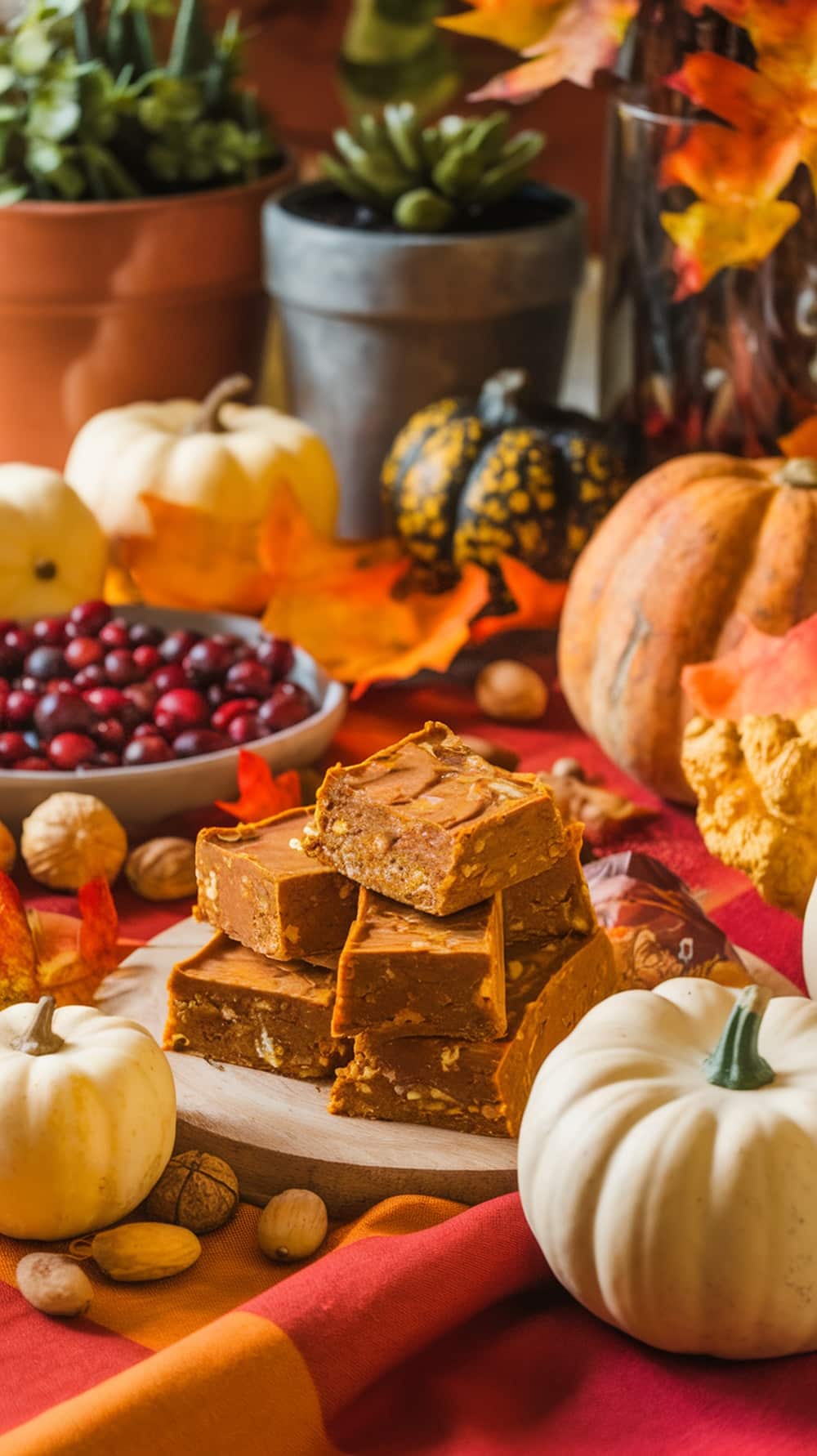 A cozy display of pumpkin protein bars surrounded by seasonal decorations like mini pumpkins, cranberries, and autumn leaves.