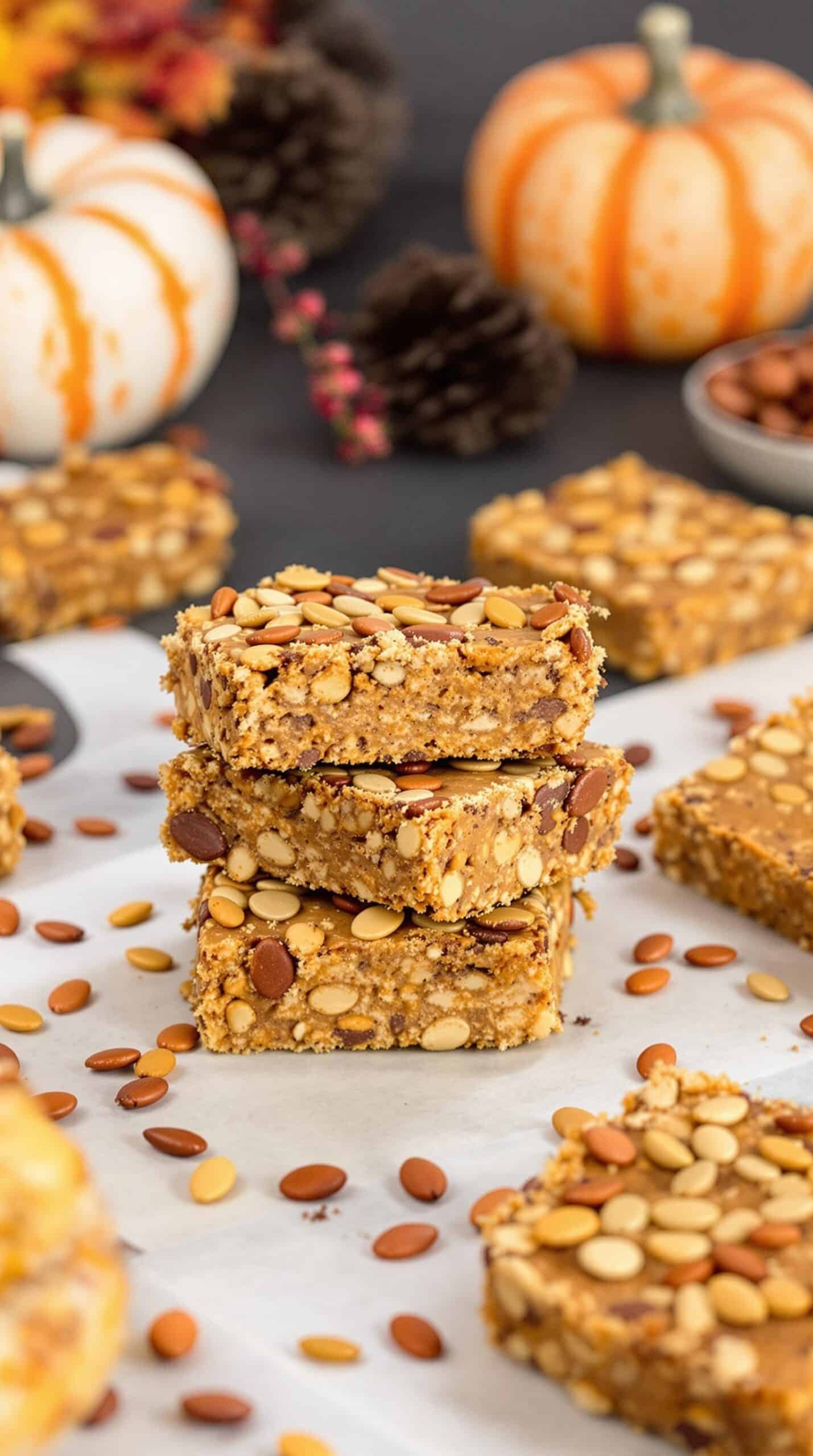 Delicious spiced pumpkin protein bars stacked with colorful chocolate chips on top, surrounded by pumpkins and pine cones.