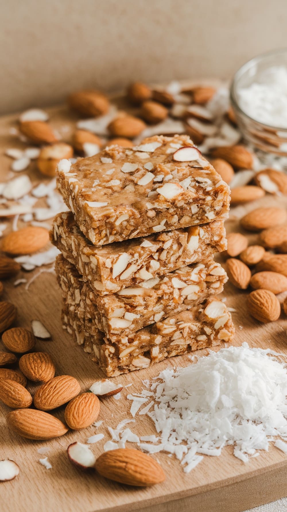 Almond Coconut Crunch Bars stacked on a wooden board with almonds and shredded coconut scattered around.