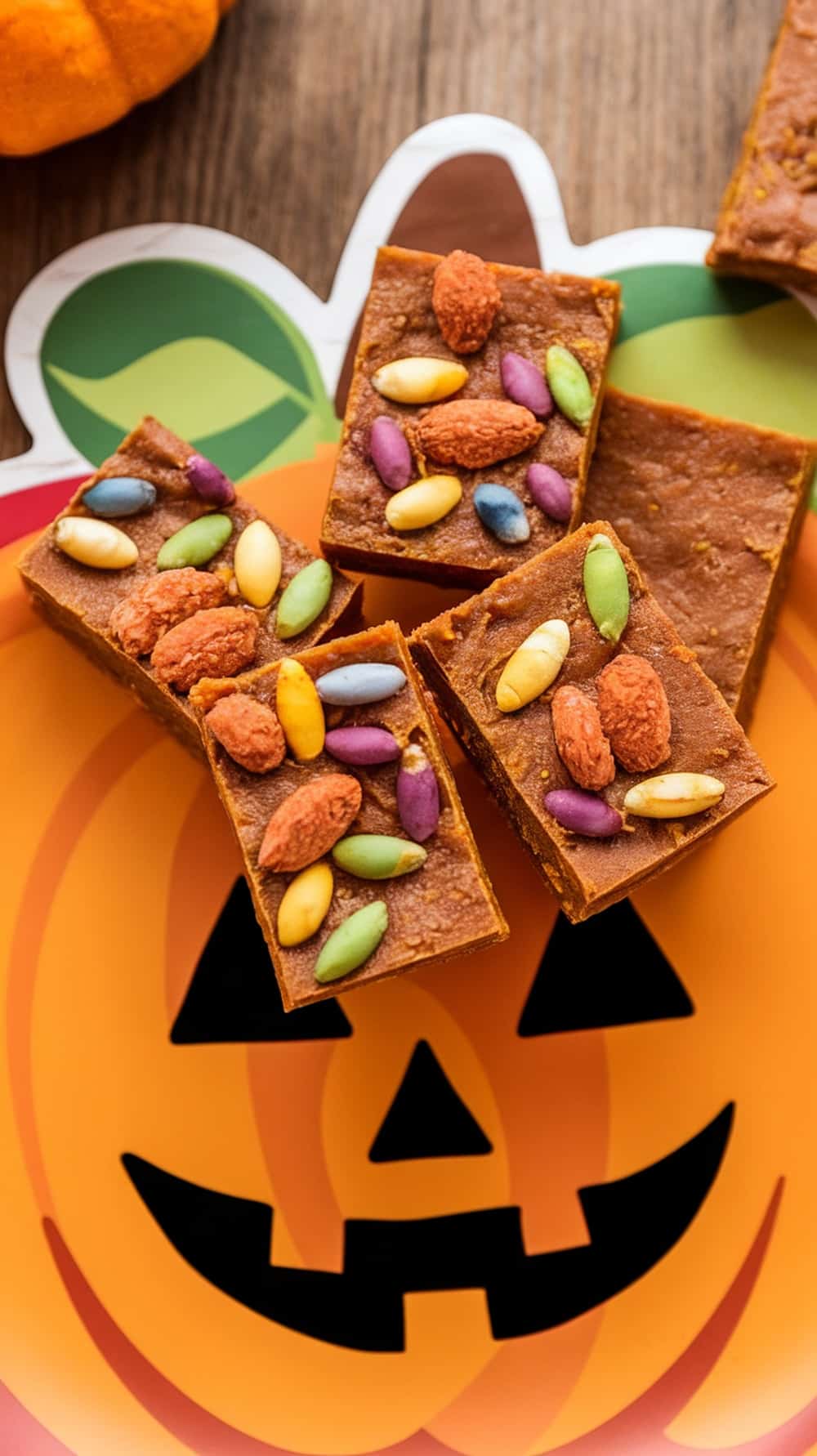 Kid-friendly pumpkin protein bars topped with colorful seeds and nuts on a festive plate.
