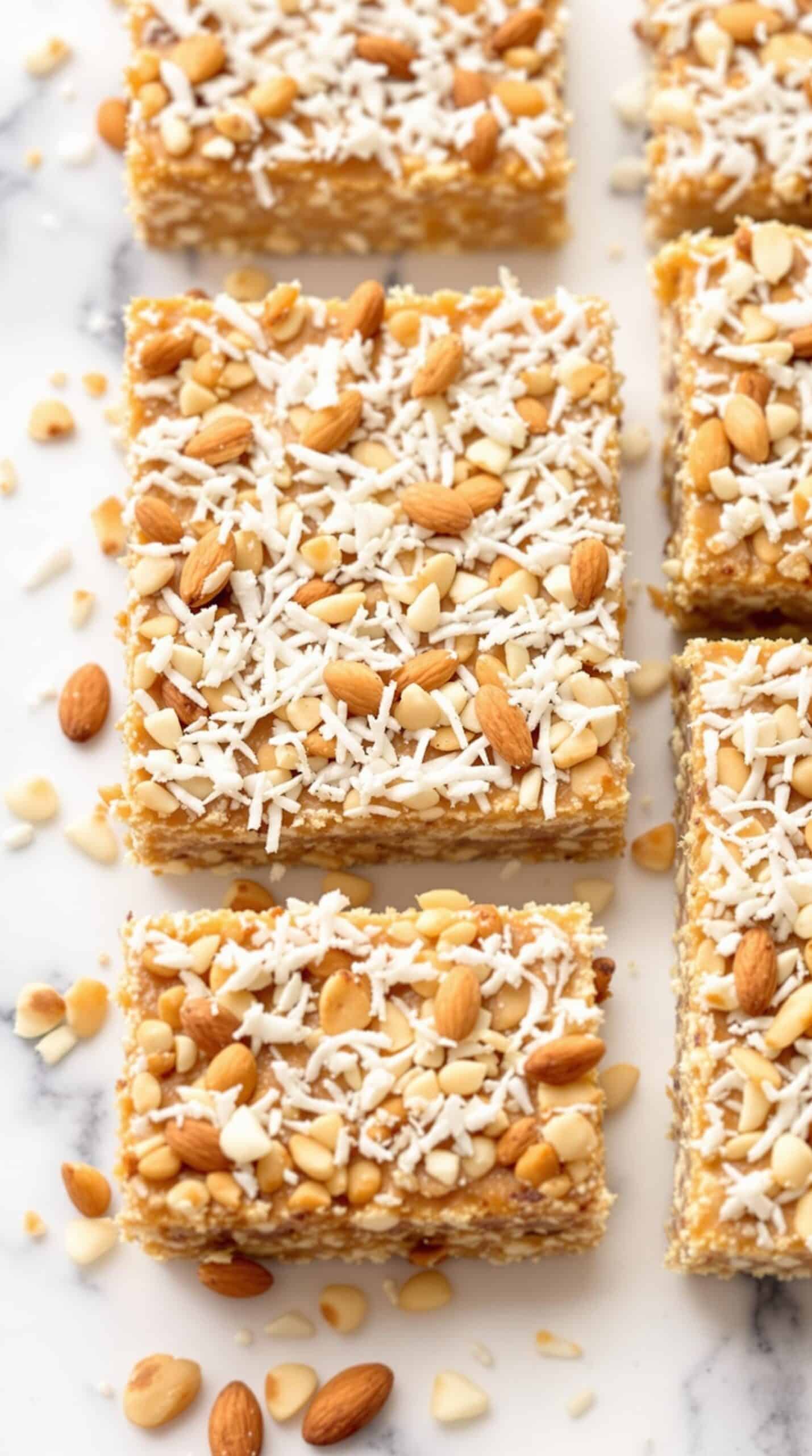 Coconut Almond Crunch Bars topped with shredded coconut and almonds