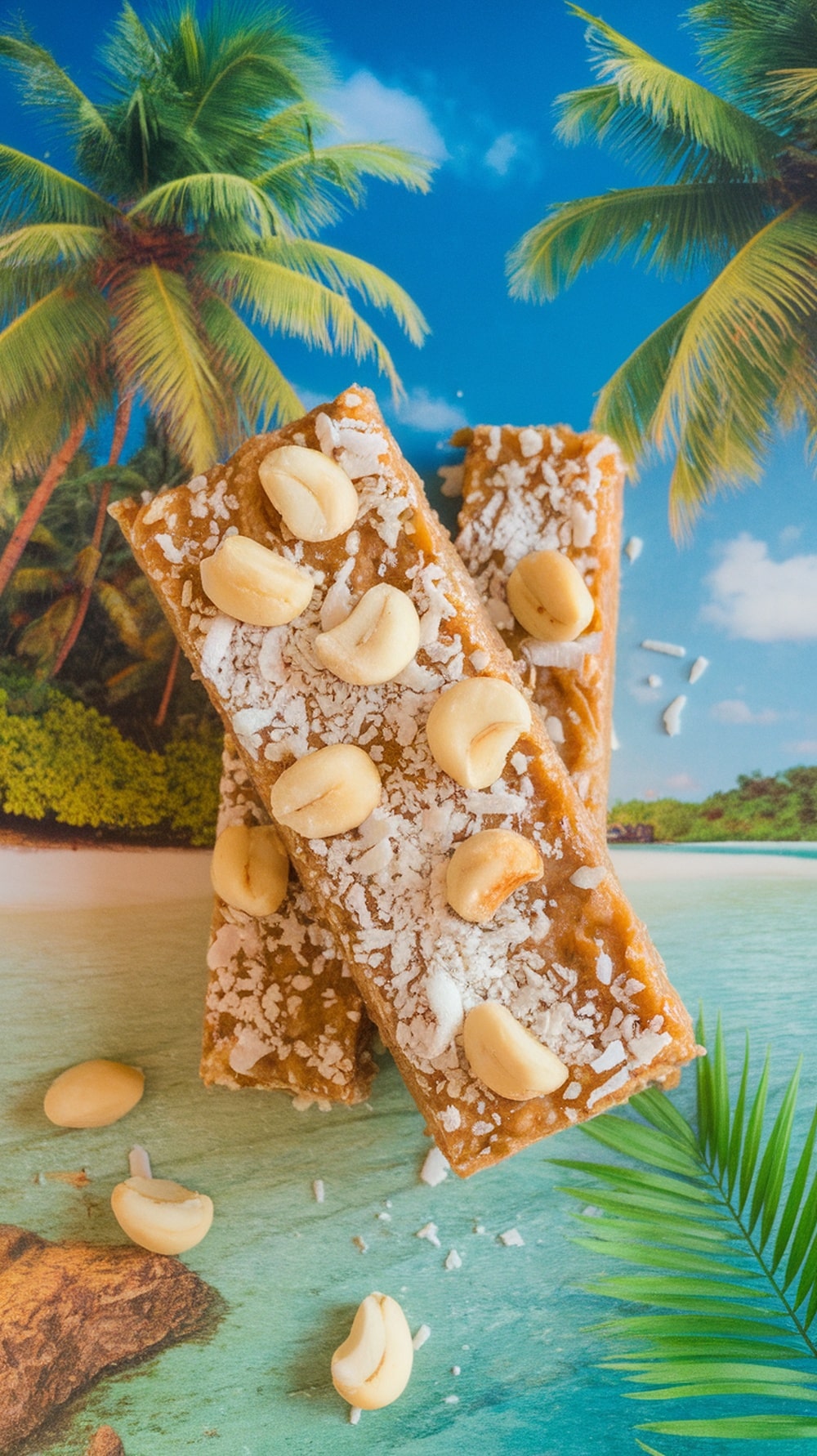 Coconut Macadamia Nut Oat Bars with palm trees in the background