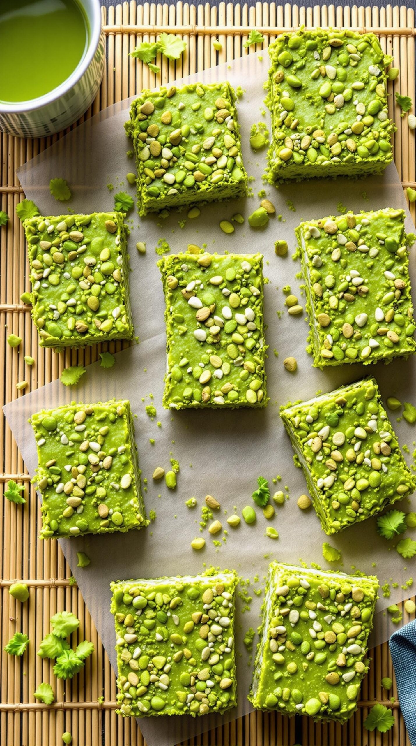 Homemade matcha green tea energy bars topped with seeds, arranged on a bamboo mat.