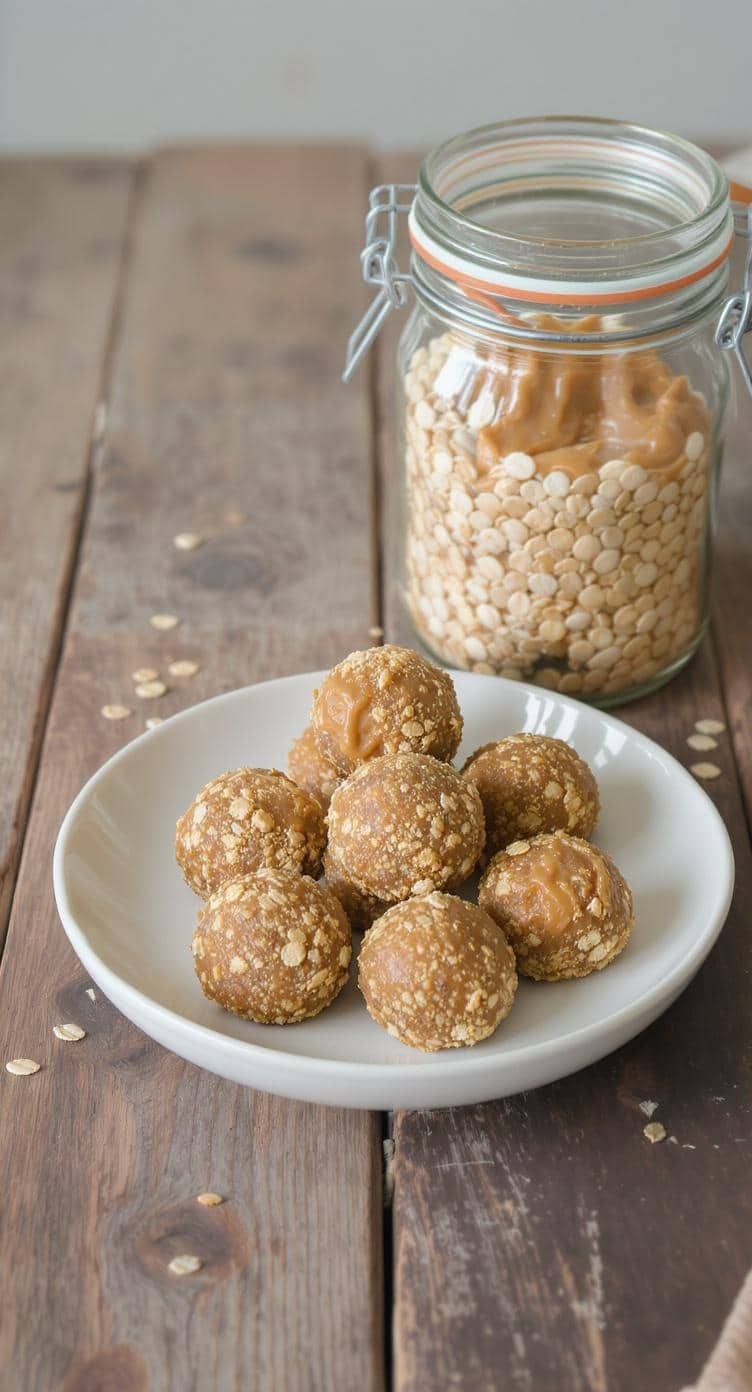 A plate of peanut butter and oat energy bites with oats and nuts scattered around.