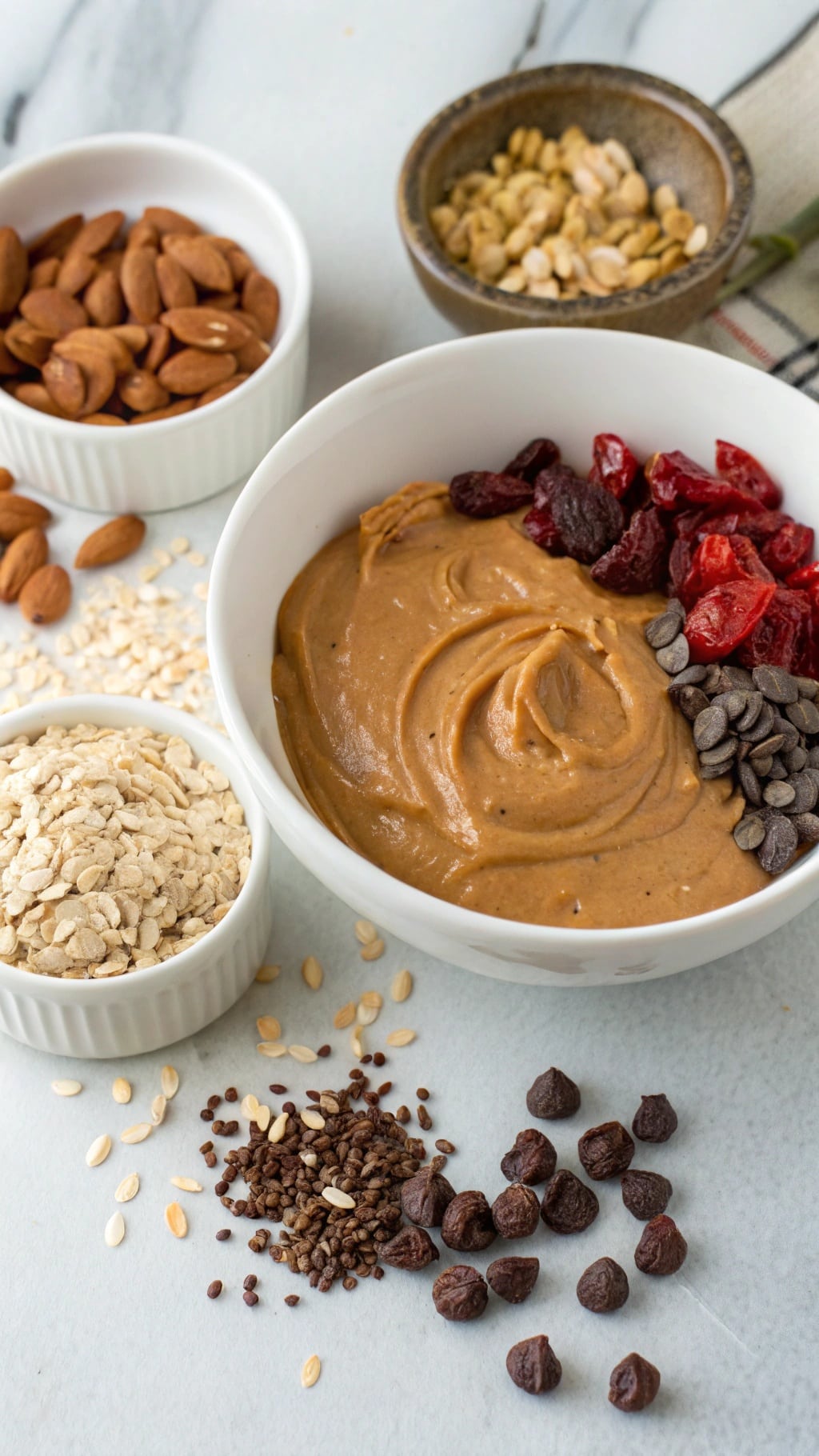 Ingredients for peanut butter protein bars including peanut butter, oats, nuts, and dried fruits.