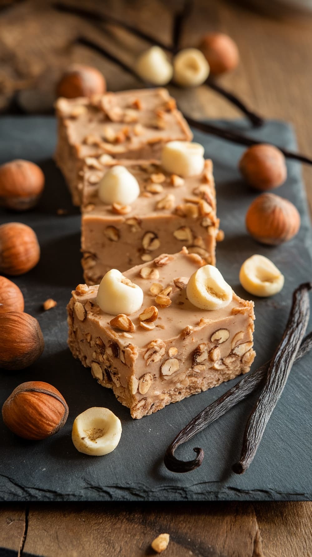 Homemade vanilla hazelnut protein bars with hazelnuts and vanilla pods