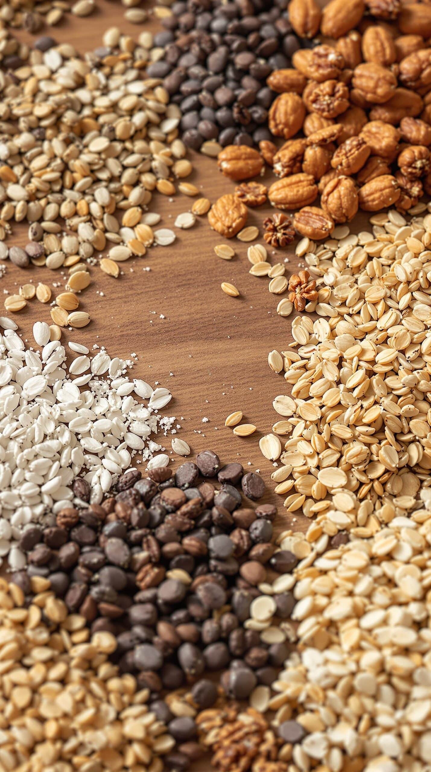 A variety of seeds, nuts, and chocolate chips spread out on a wooden surface.