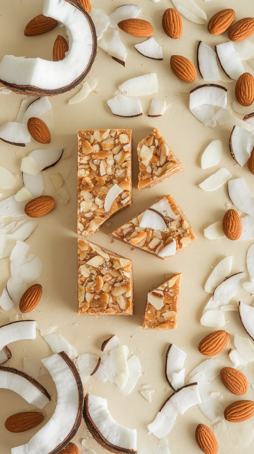 Coconut Almond Energy Boost bars surrounded by coconut flakes and almonds.
