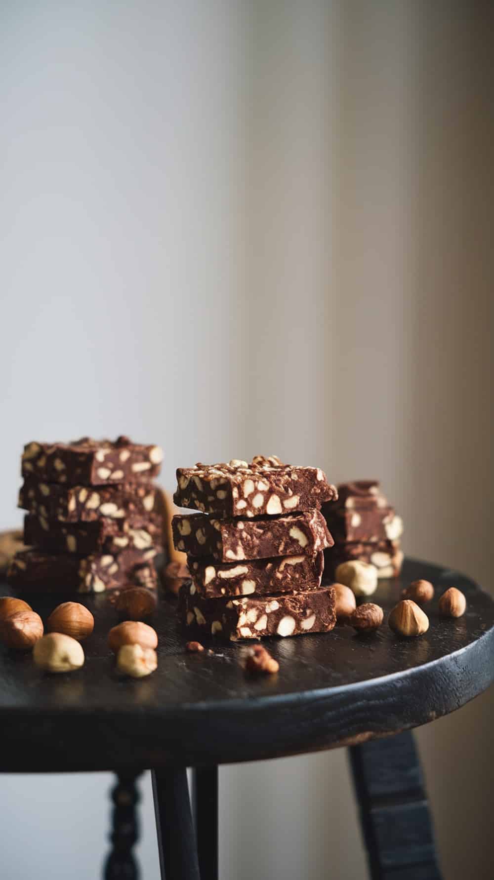 A stack of cocoa hazelnut protein bars with whole hazelnuts scattered around.