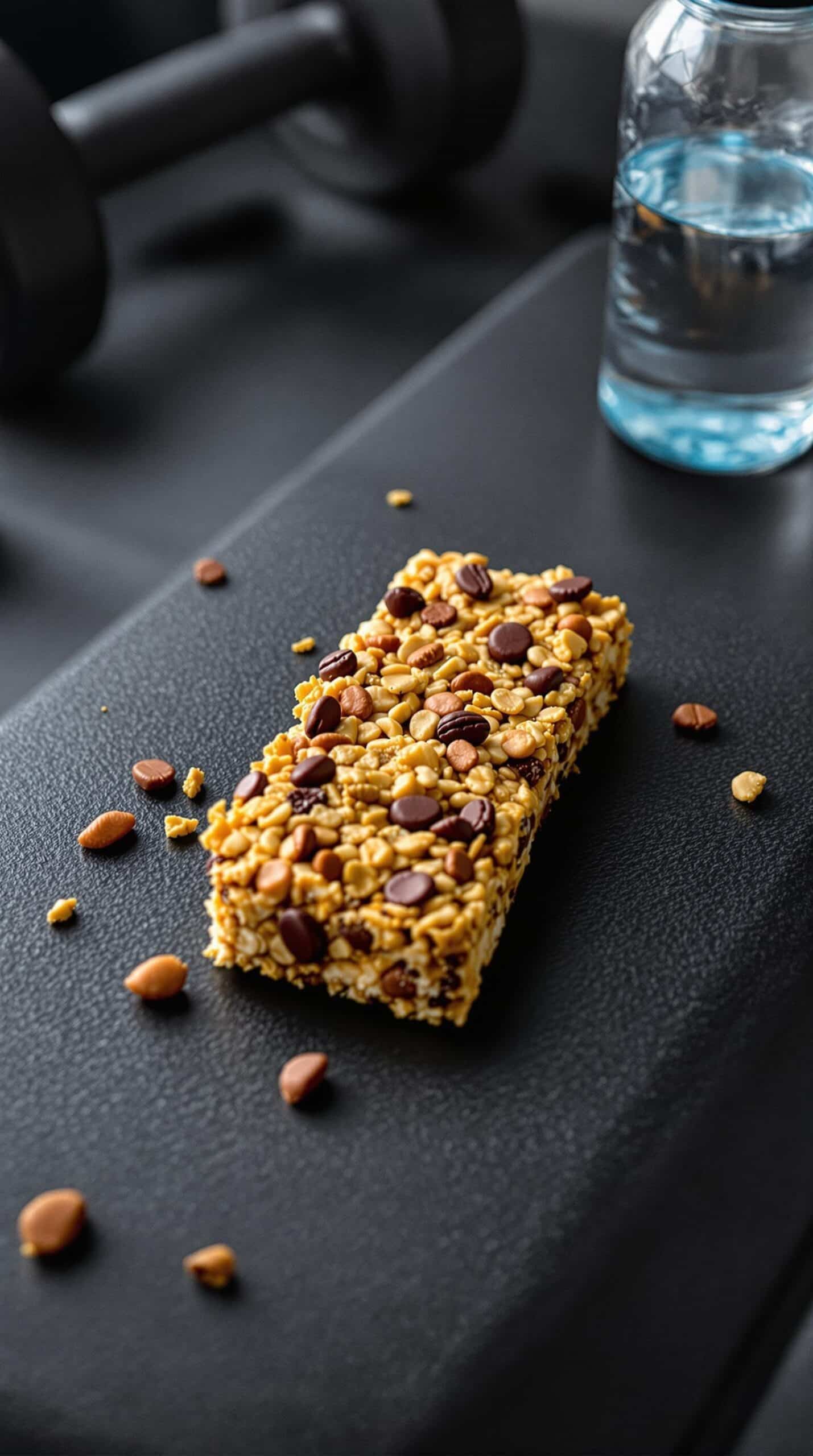 Protein granola bar on a gym bench with weights and a water bottle in the background.