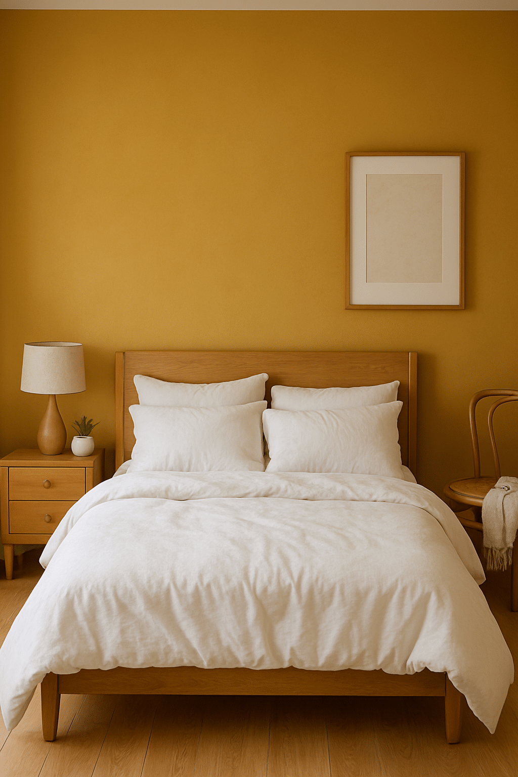 A cozy bedroom with an ochre yellow accent wall, white bedding, and wooden furniture.