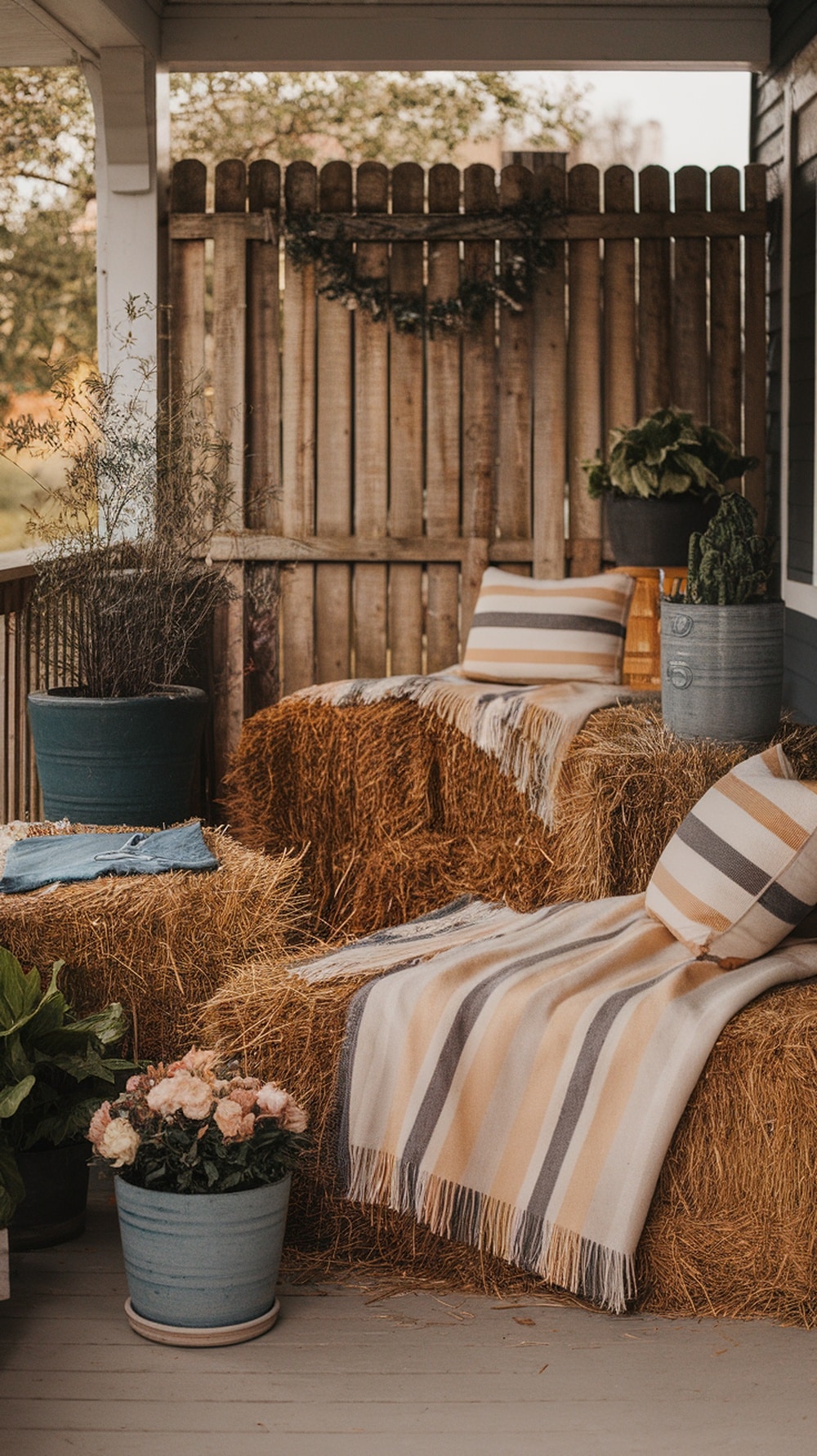 A cozy front porch decorated with hay bales as seating, adorned with blankets and pillows, surrounded by potted plants.